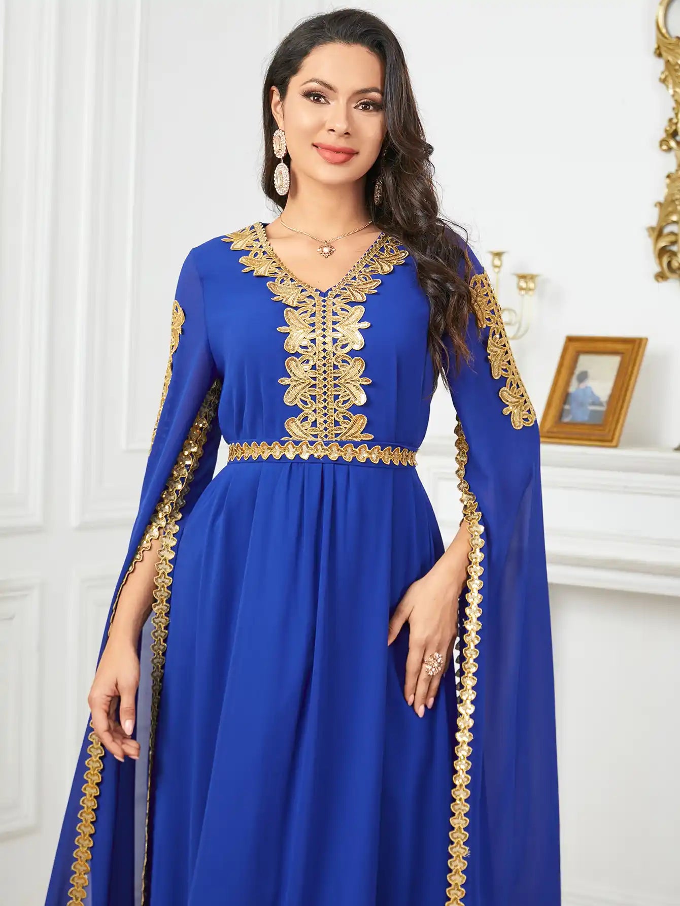 3918 Dubai Super Long Sleeve Stitching Dress Muslim Clothing