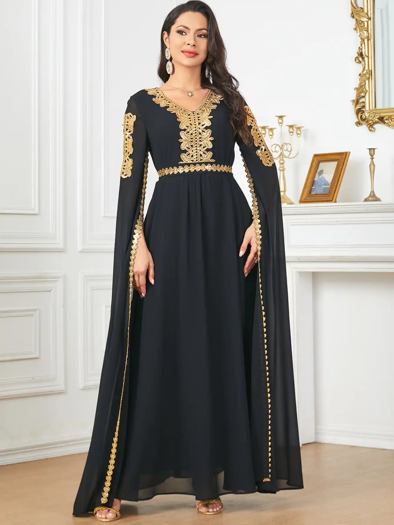 3918 Dubai Super Long Sleeve Stitching Dress Muslim Clothing