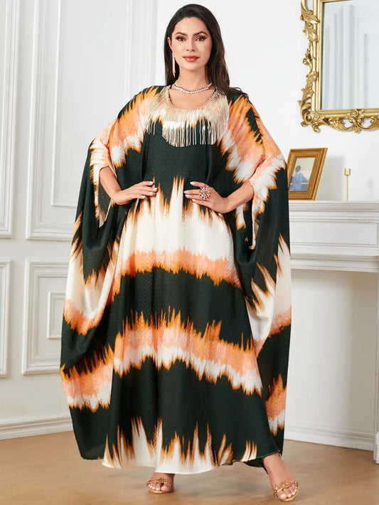 3989 Muslim Bat Sleeves Floral Arabic Robe Loose Dress