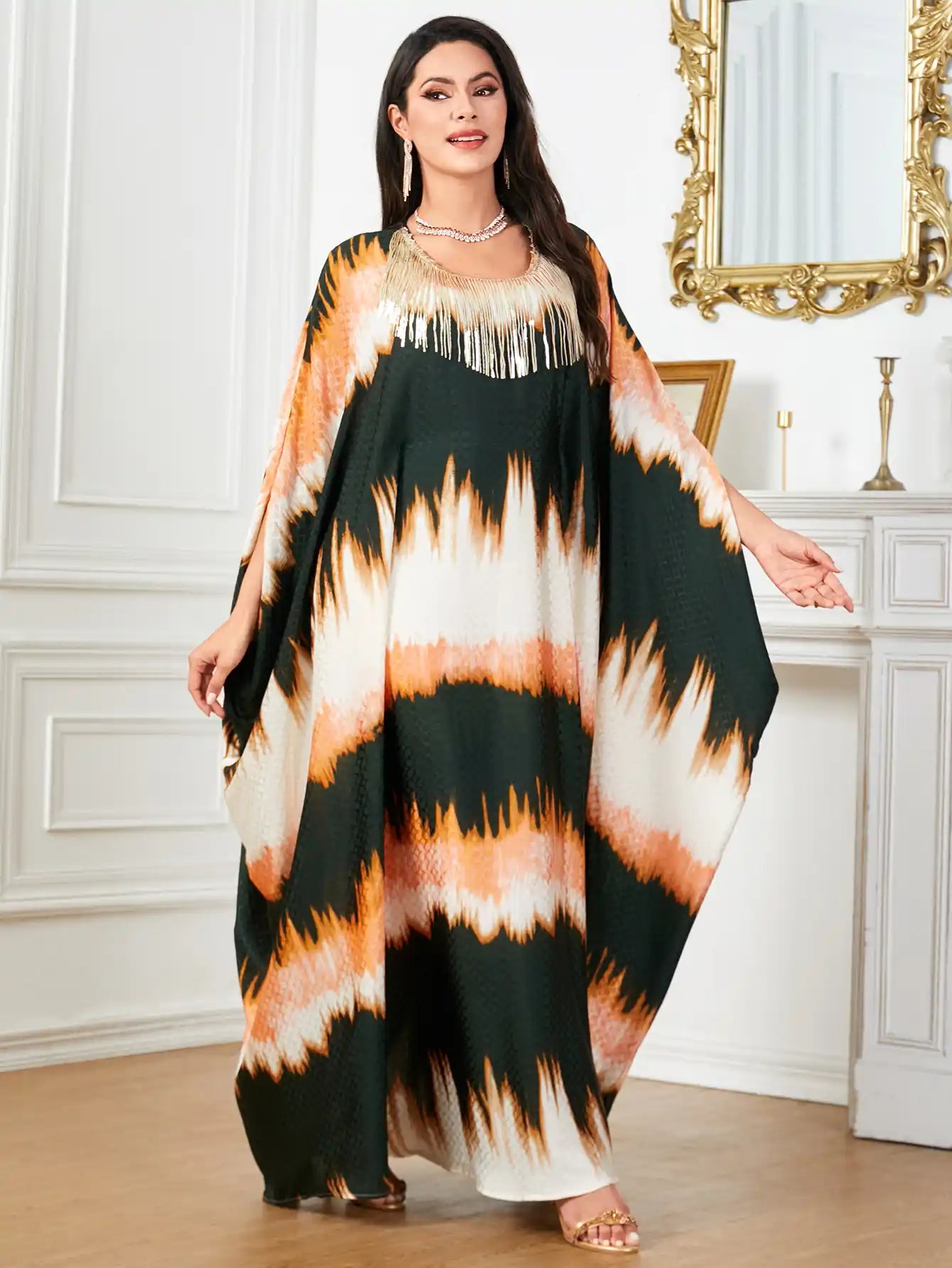 3989 Muslim Bat Sleeves Floral Arabic Robe Loose Dress