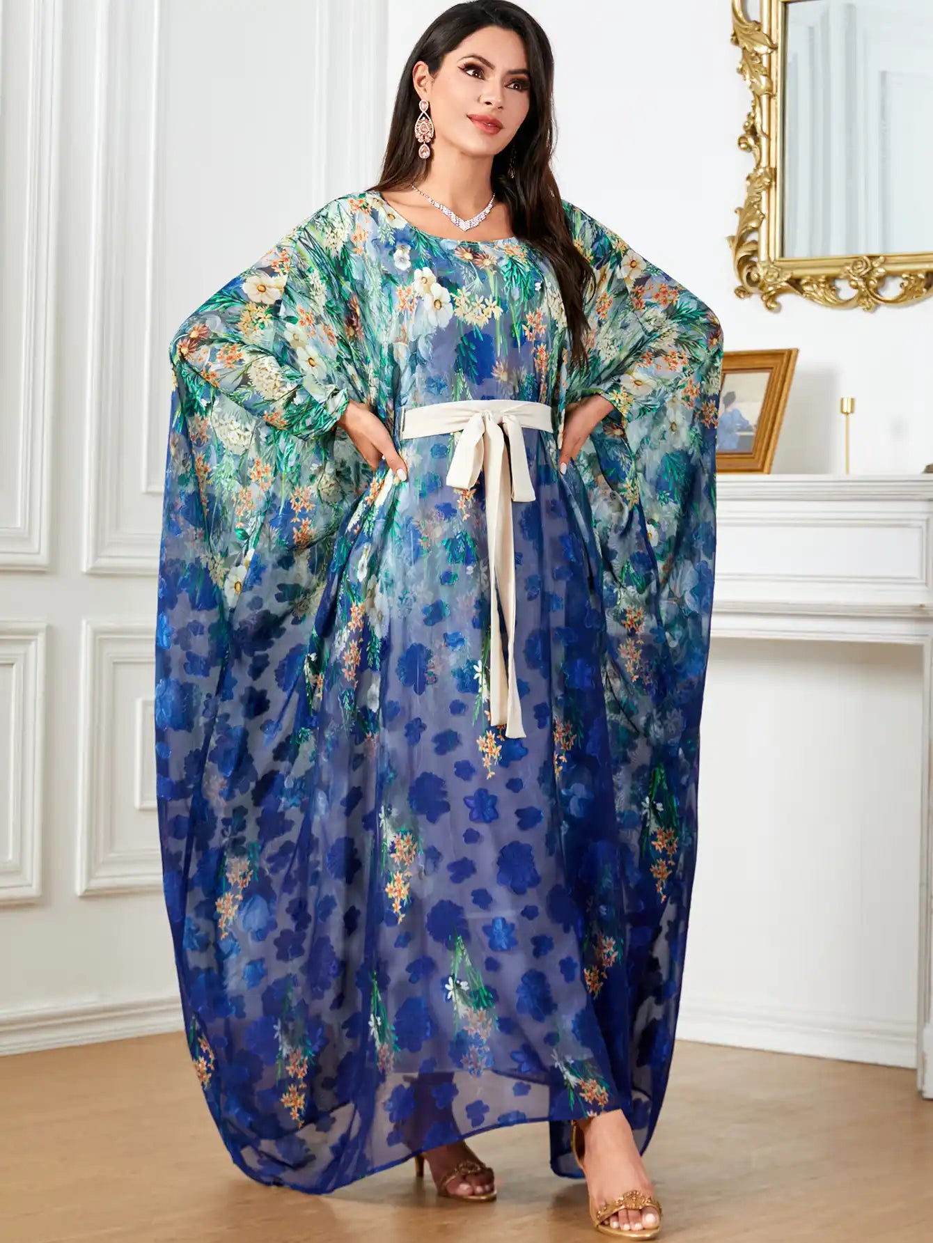 4018 Bat Sleeve Dubai Robe Printed Large Size Loose Dress