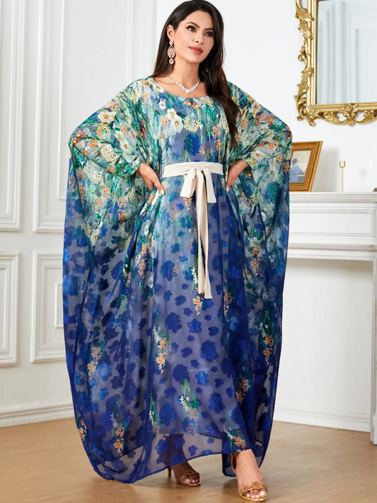 4018 Bat Sleeve Dubai Robe Printed Large Size Loose Dress