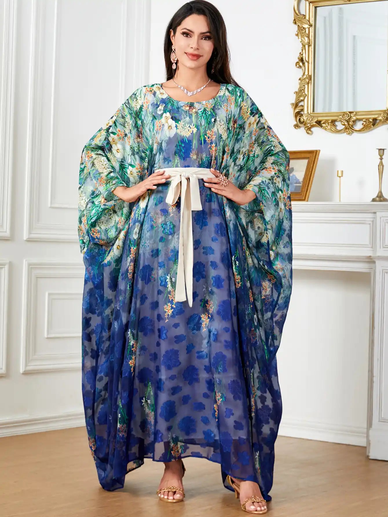 4018 Bat Sleeve Dubai Robe Printed Large Size Loose Dress