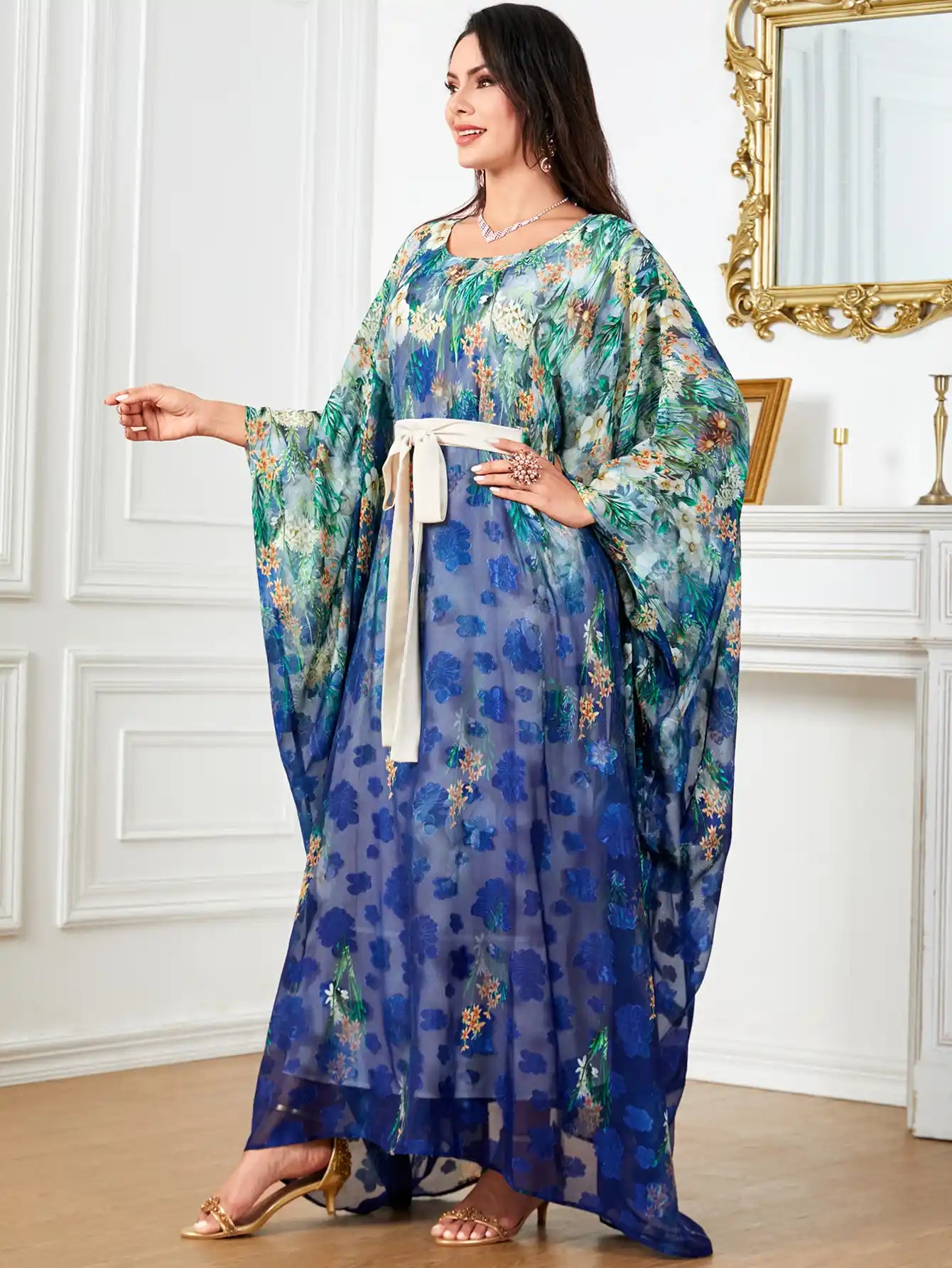 4018 Bat Sleeve Dubai Robe Printed Large Size Loose Dress