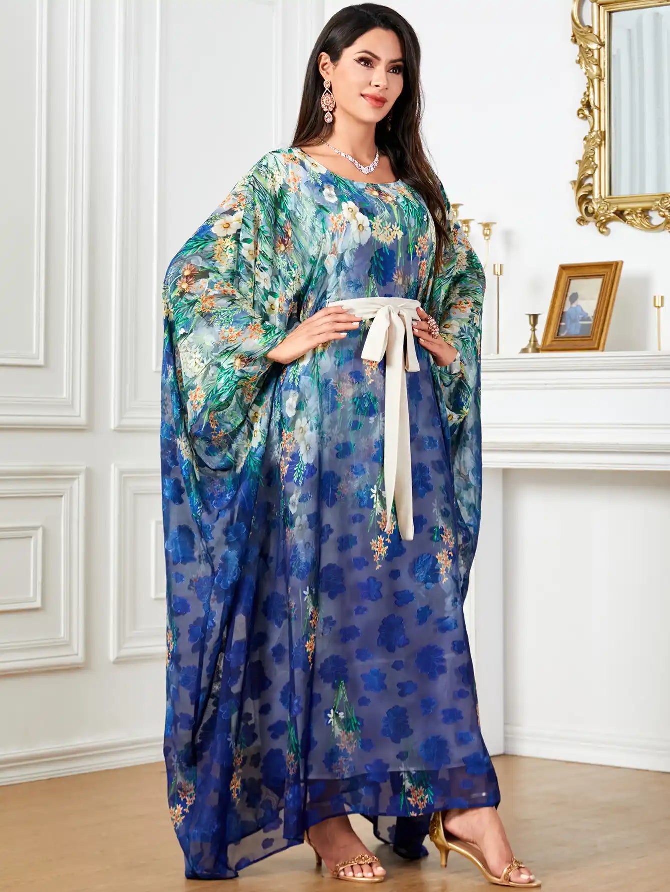 4018 Bat Sleeve Dubai Robe Printed Large Size Loose Dress