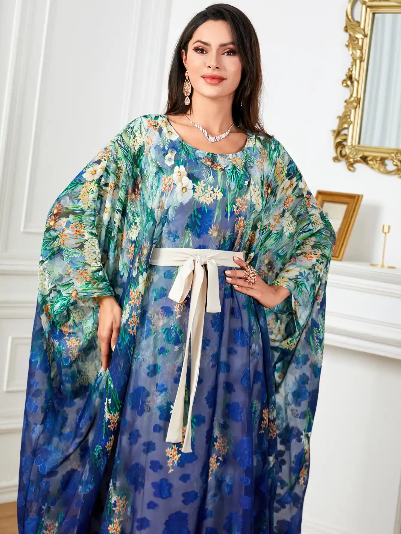 4018 Bat Sleeve Dubai Robe Printed Large Size Loose Dress