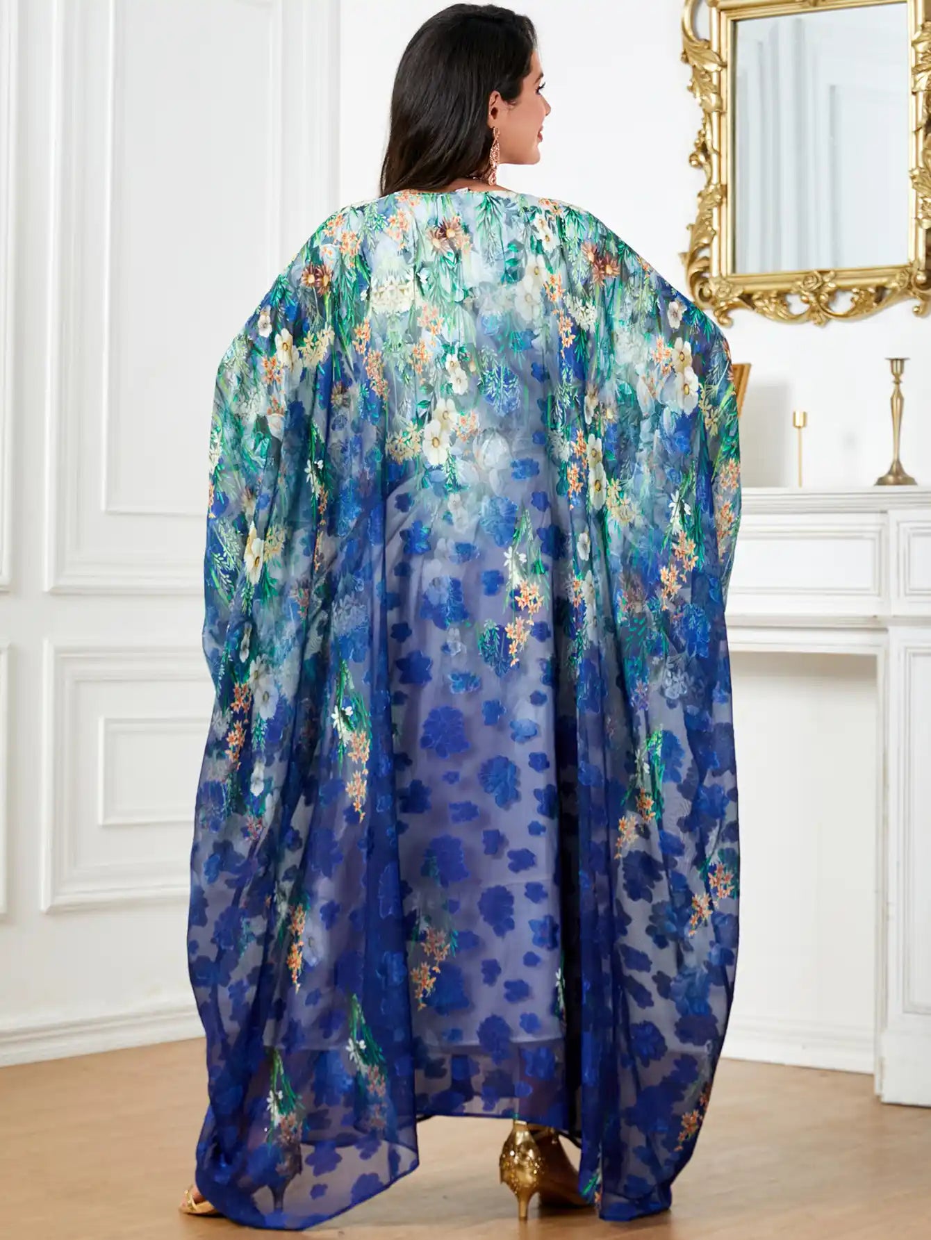 4018 Bat Sleeve Dubai Robe Printed Large Size Loose Dress