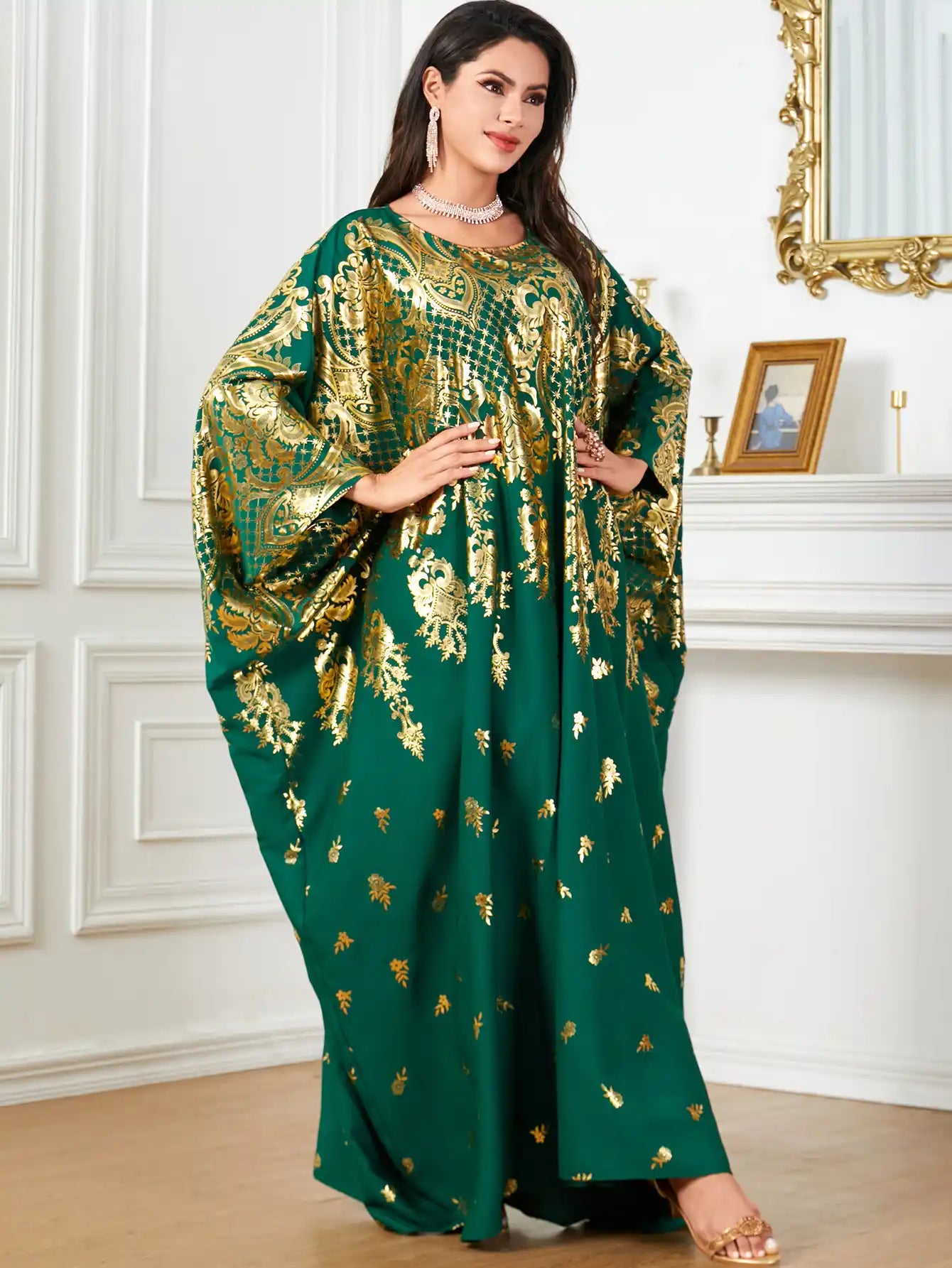 4036 Muslim Bat Sleeve Loose Gilded Muslim Dress
