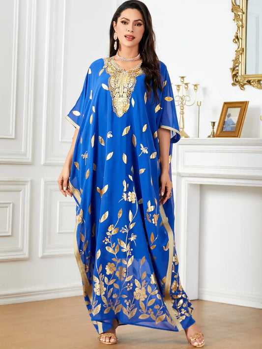 4037 Arabic Abaya Plant Flower Floral Bat Sleeve Dress