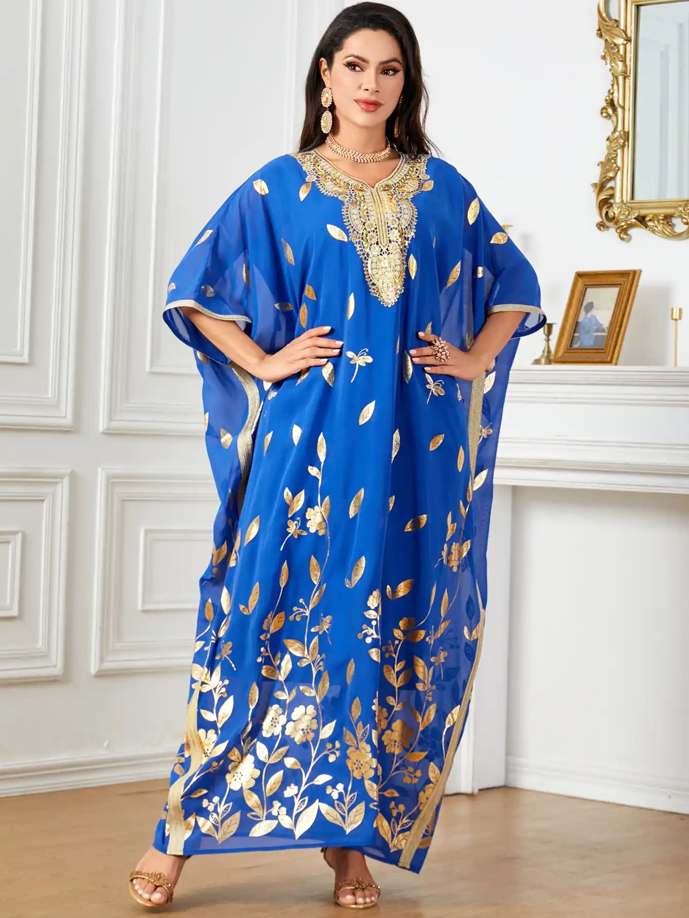 4037 Arabic Abaya Plant Flower Floral Bat Sleeve Dress