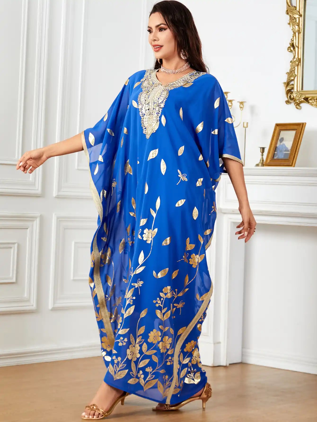 4037 Arabic Abaya Plant Flower Floral Bat Sleeve Dress