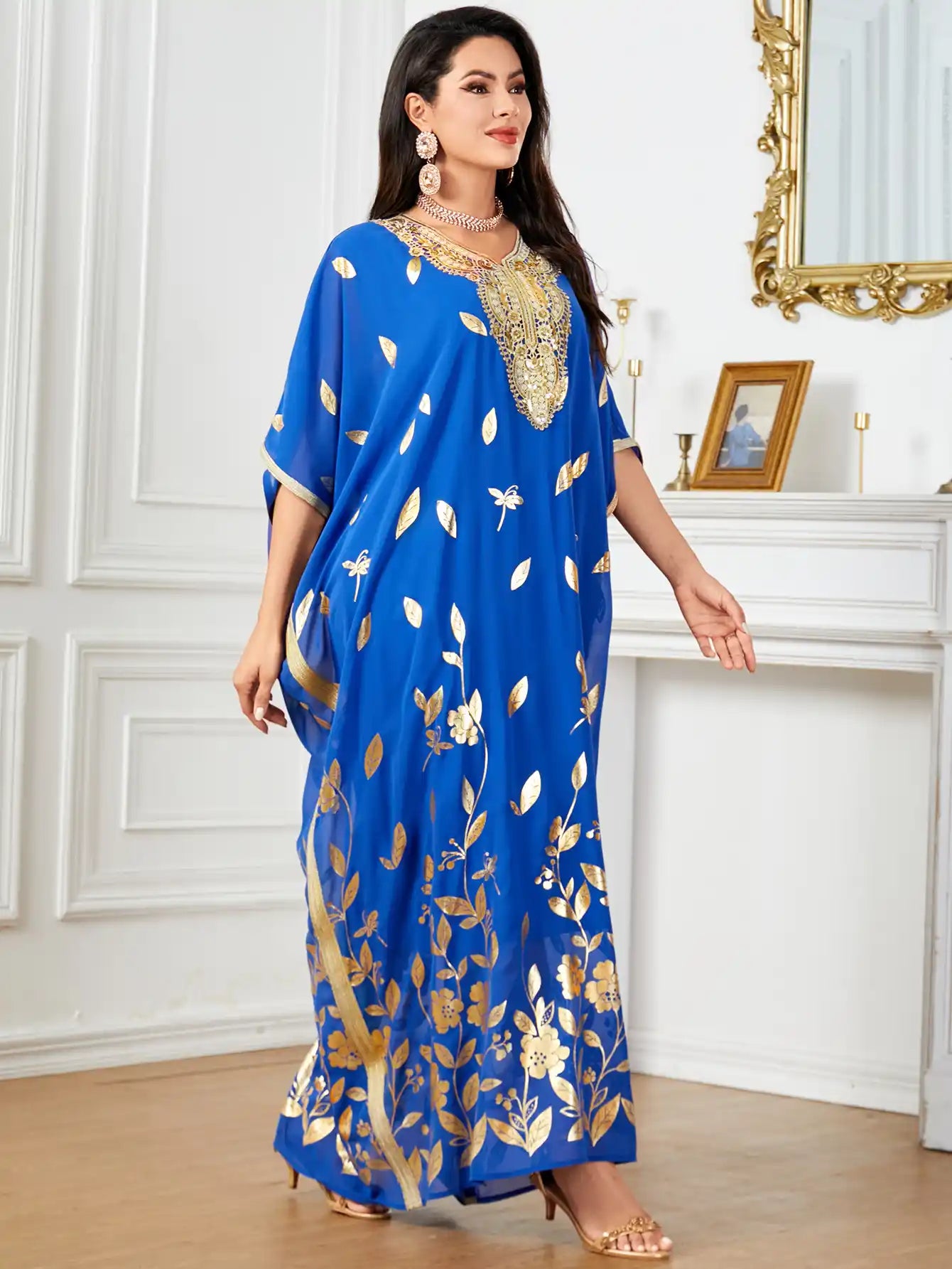 4037 Arabic Abaya Plant Flower Floral Bat Sleeve Dress