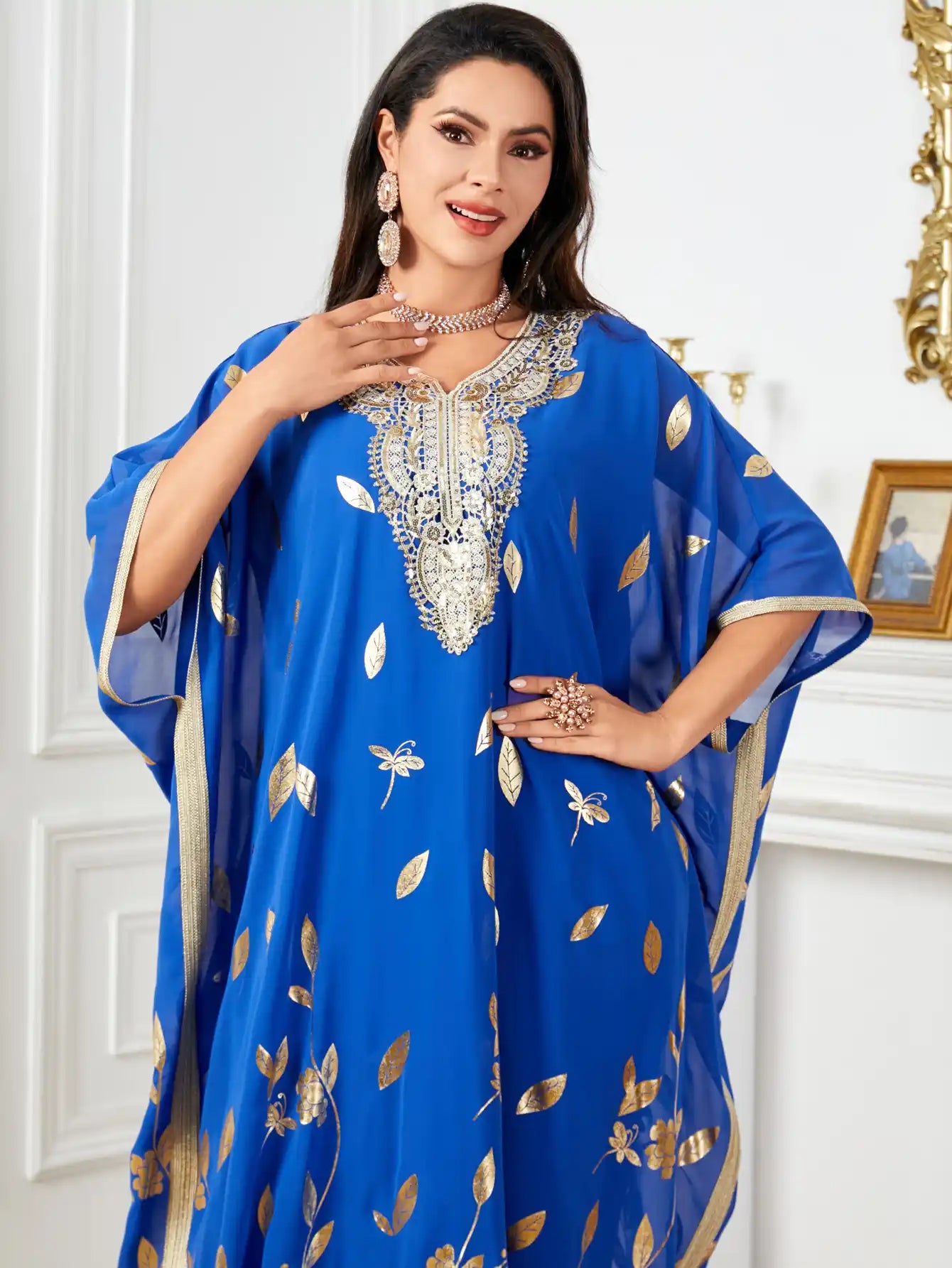4037 Arabic Abaya Plant Flower Floral Bat Sleeve Dress