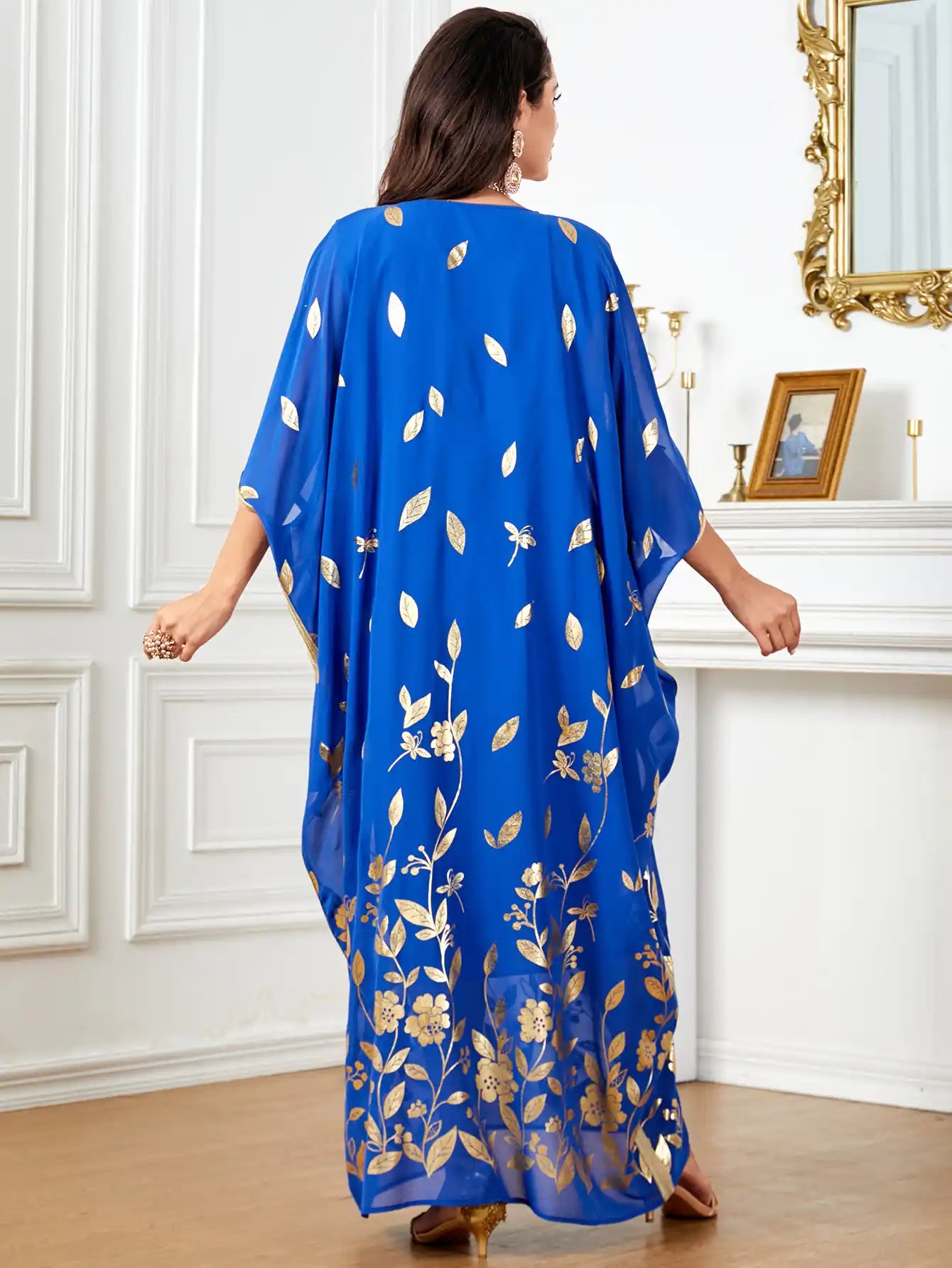 4037 Arabic Abaya Plant Flower Floral Bat Sleeve Dress