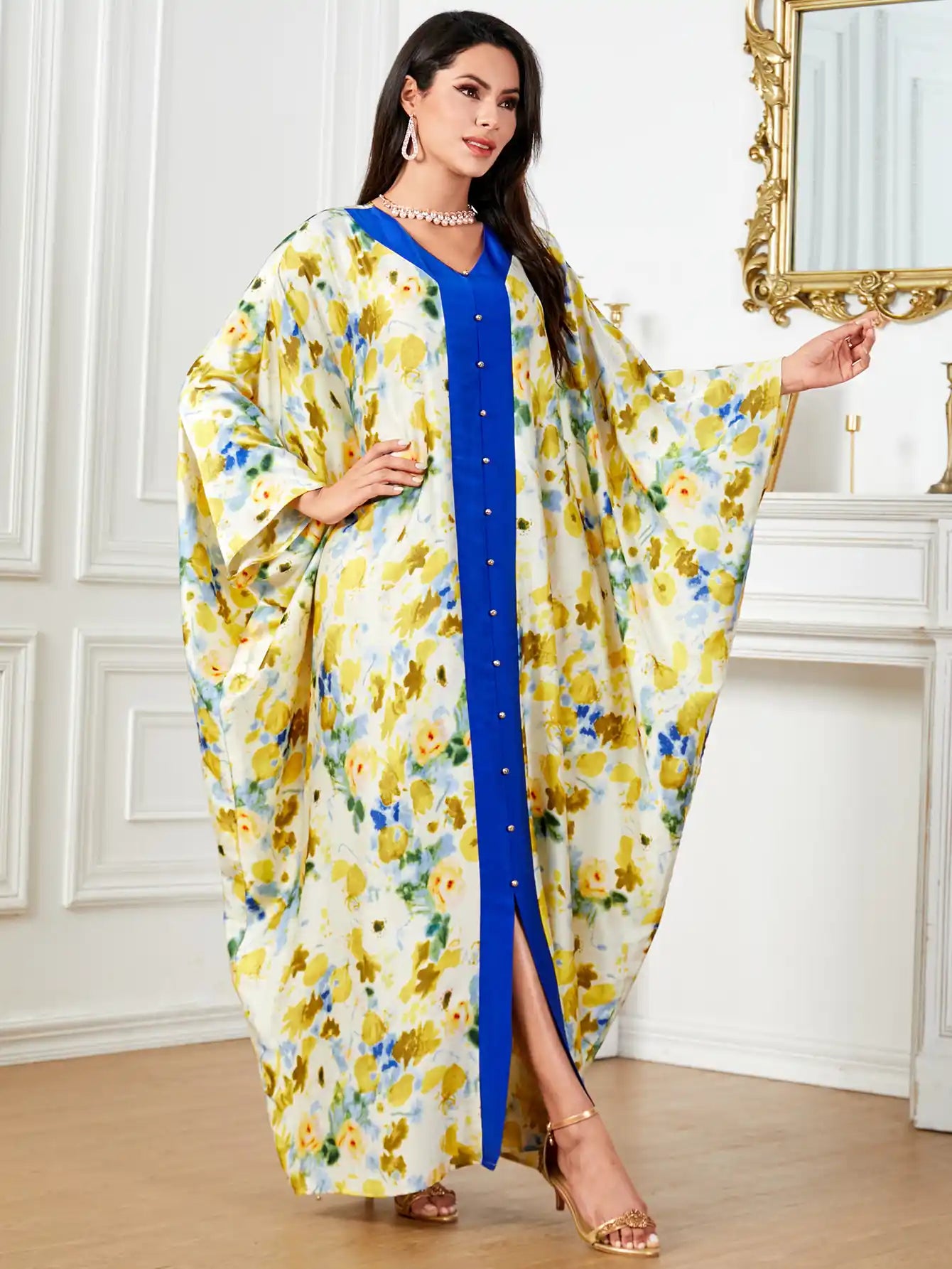 4046 Muslim Arabic Dubai Satin Printed Floral Dress Abaya Robe