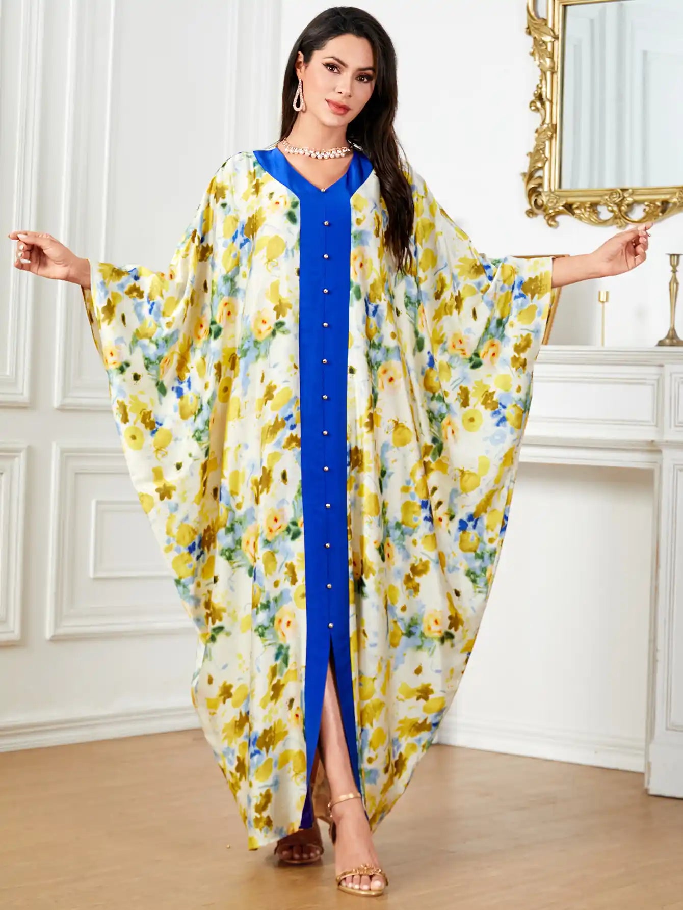 4046 Muslim Arabic Dubai Satin Printed Floral Dress Abaya Robe