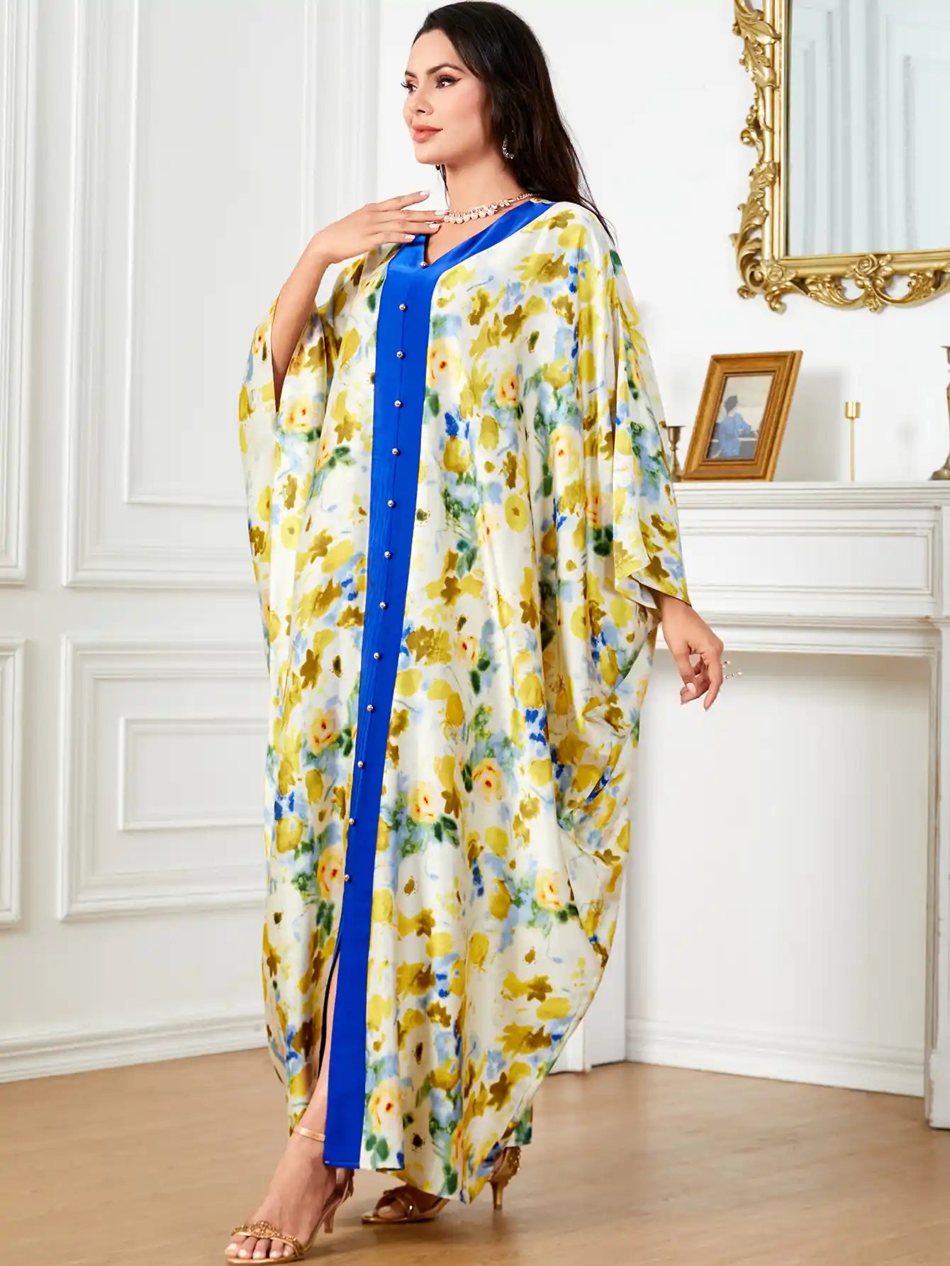 4046 Muslim Arabic Dubai Satin Printed Floral Dress Abaya Robe