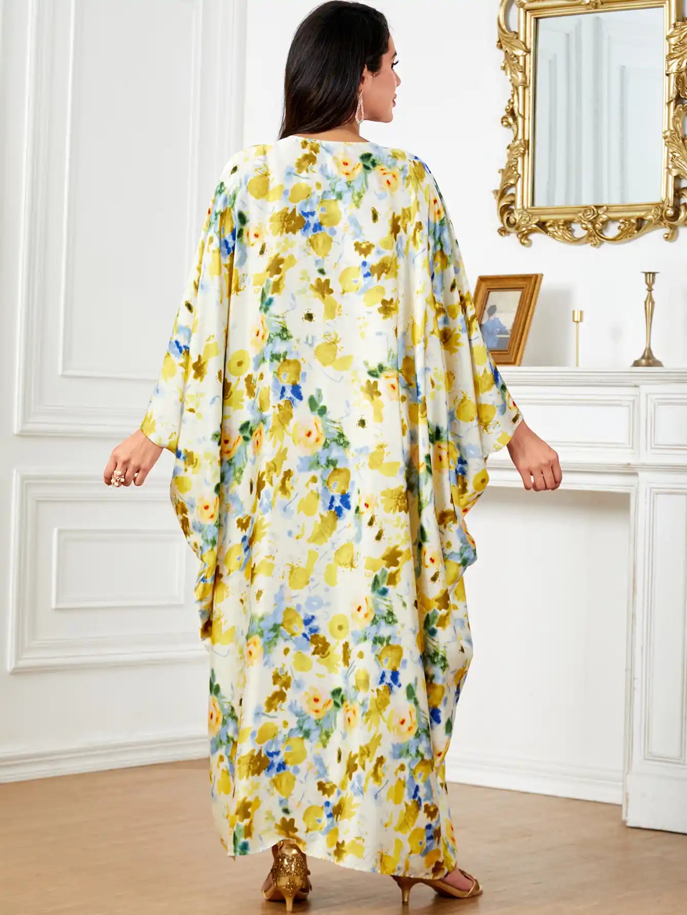 4046 Muslim Arabic Dubai Satin Printed Floral Dress Abaya Robe