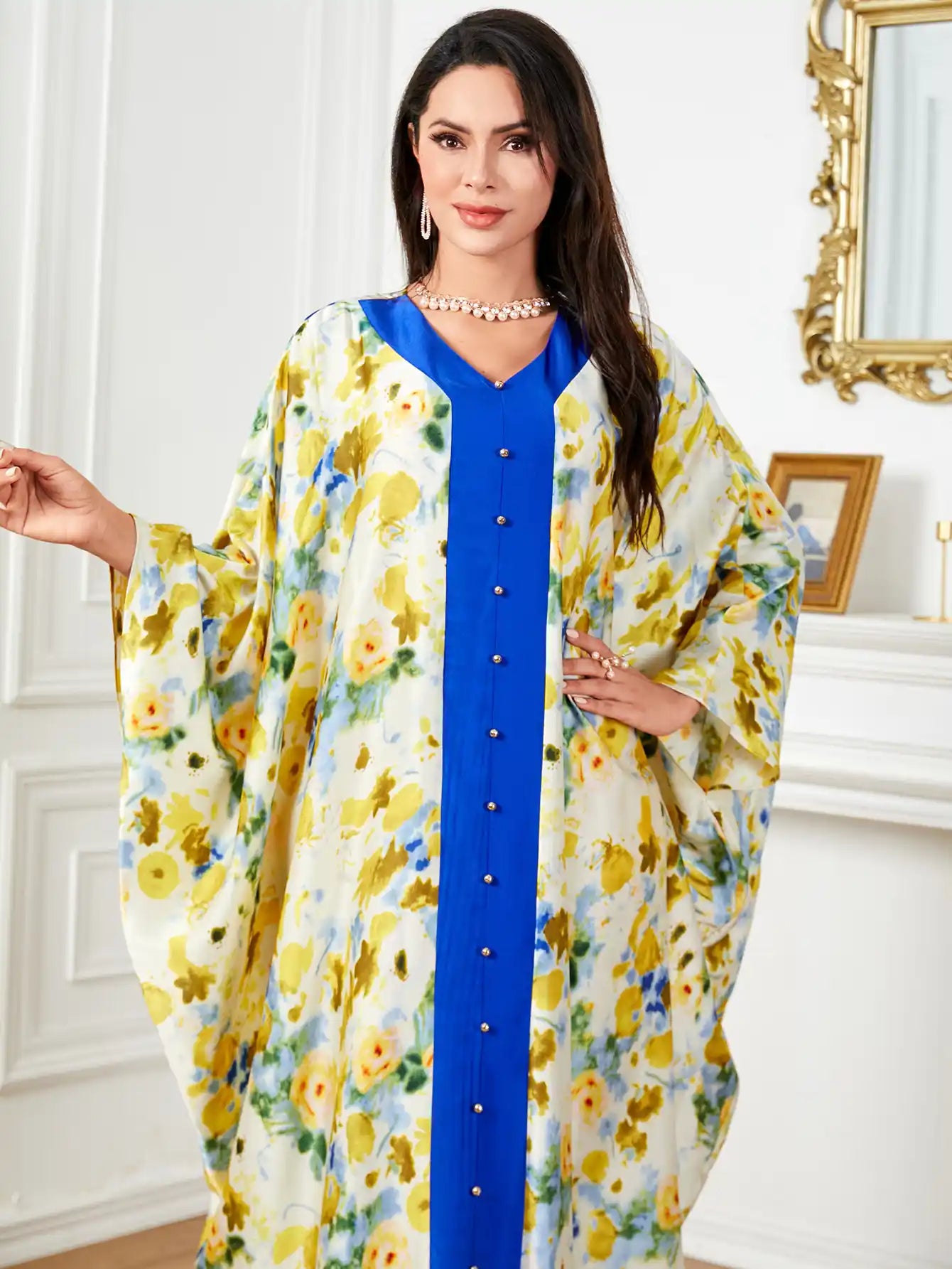 4046 Muslim Arabic Dubai Satin Printed Floral Dress Abaya Robe