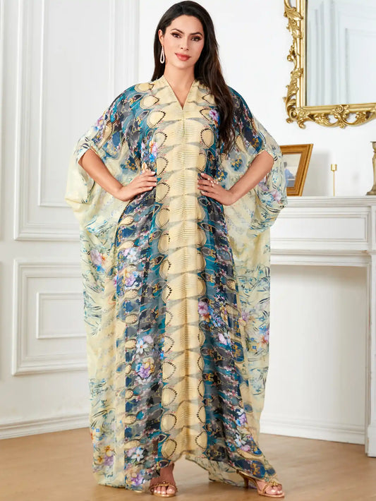 4053 Plus Size Women's Arab Robe Printed Bat Sleeve Dress