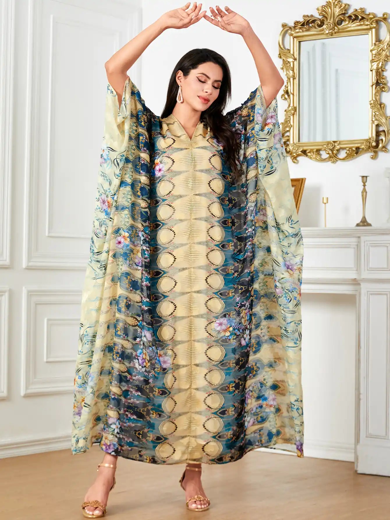 4053 Plus Size Women's Arab Robe Printed Bat Sleeve Dress
