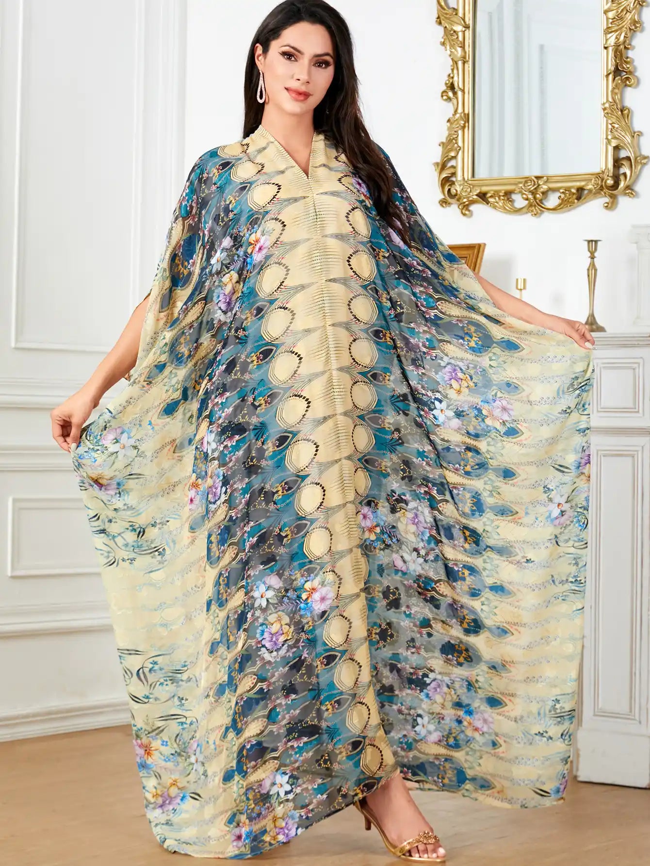 4053 Plus Size Women's Arab Robe Printed Bat Sleeve Dress