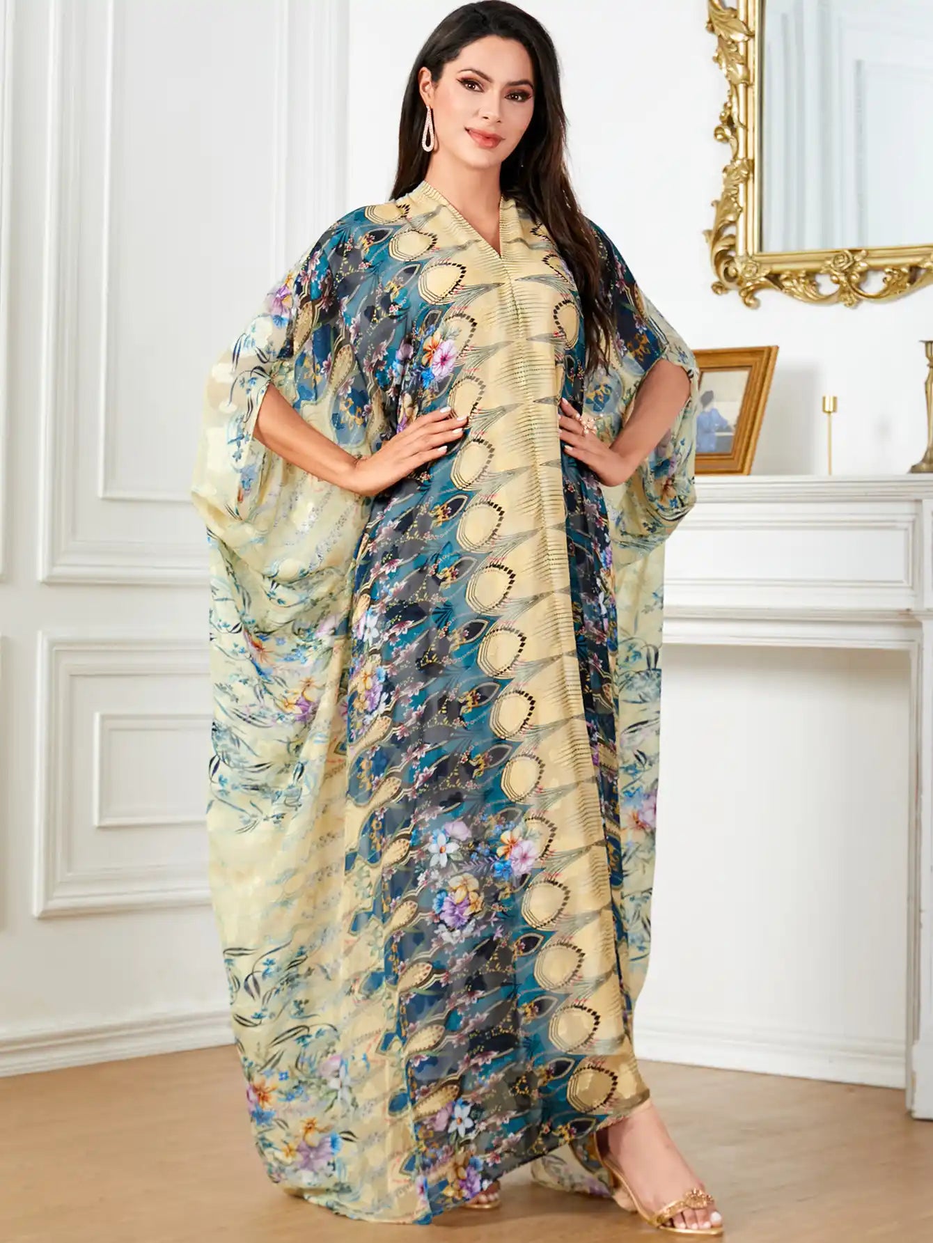4053 Plus Size Women's Arab Robe Printed Bat Sleeve Dress