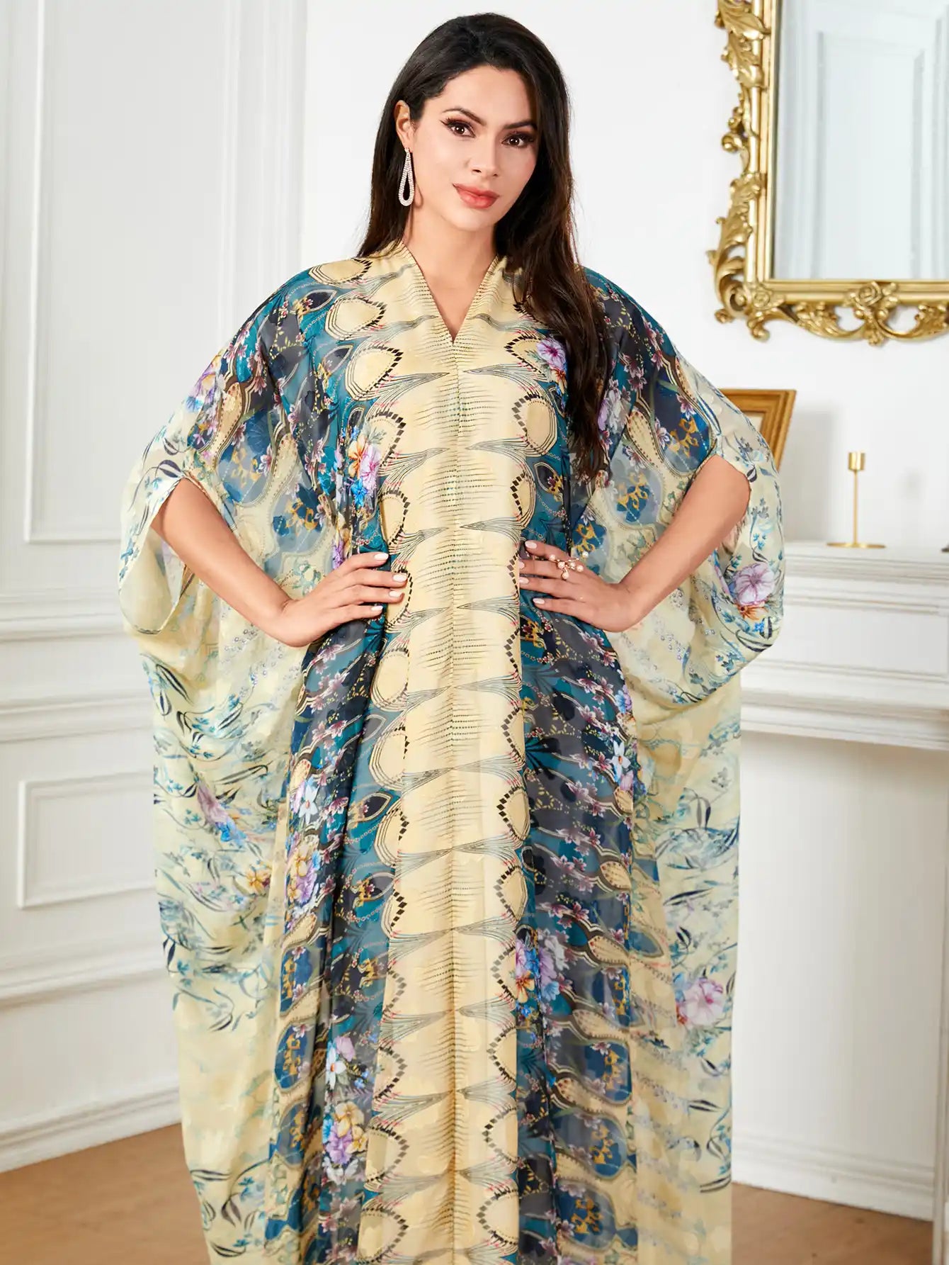 4053 Plus Size Women's Arab Robe Printed Bat Sleeve Dress