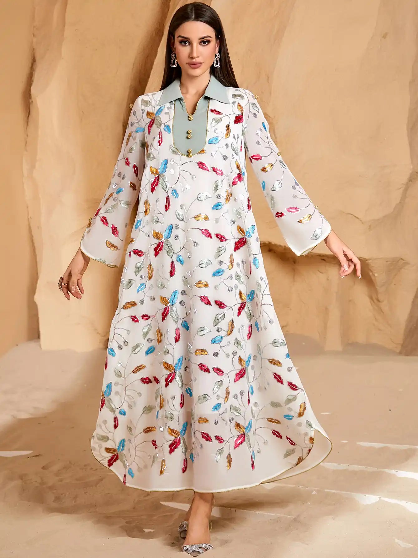 4068 Women Arabian Robe Summer Embroidered Loose Dress