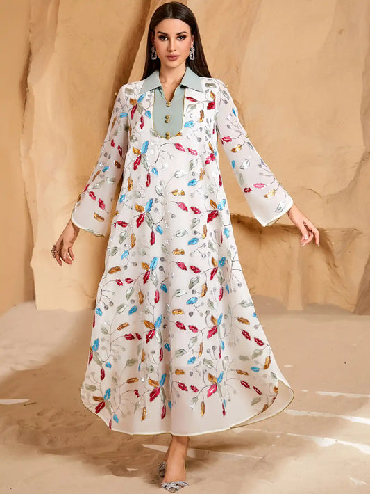 4068 Women Arabian Robe Summer Embroidered Loose Dress