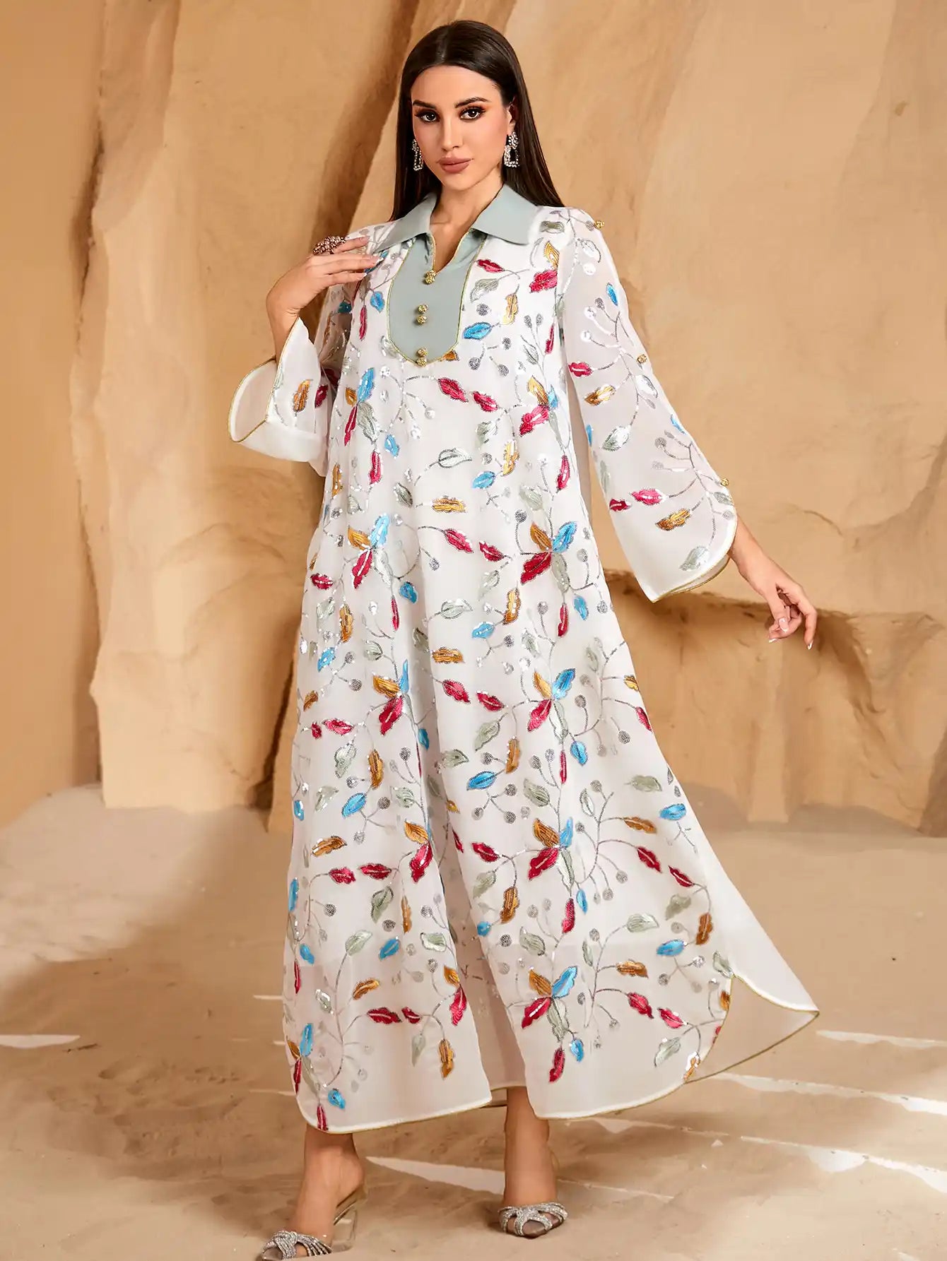 4068 Women Arabian Robe Summer Embroidered Loose Dress