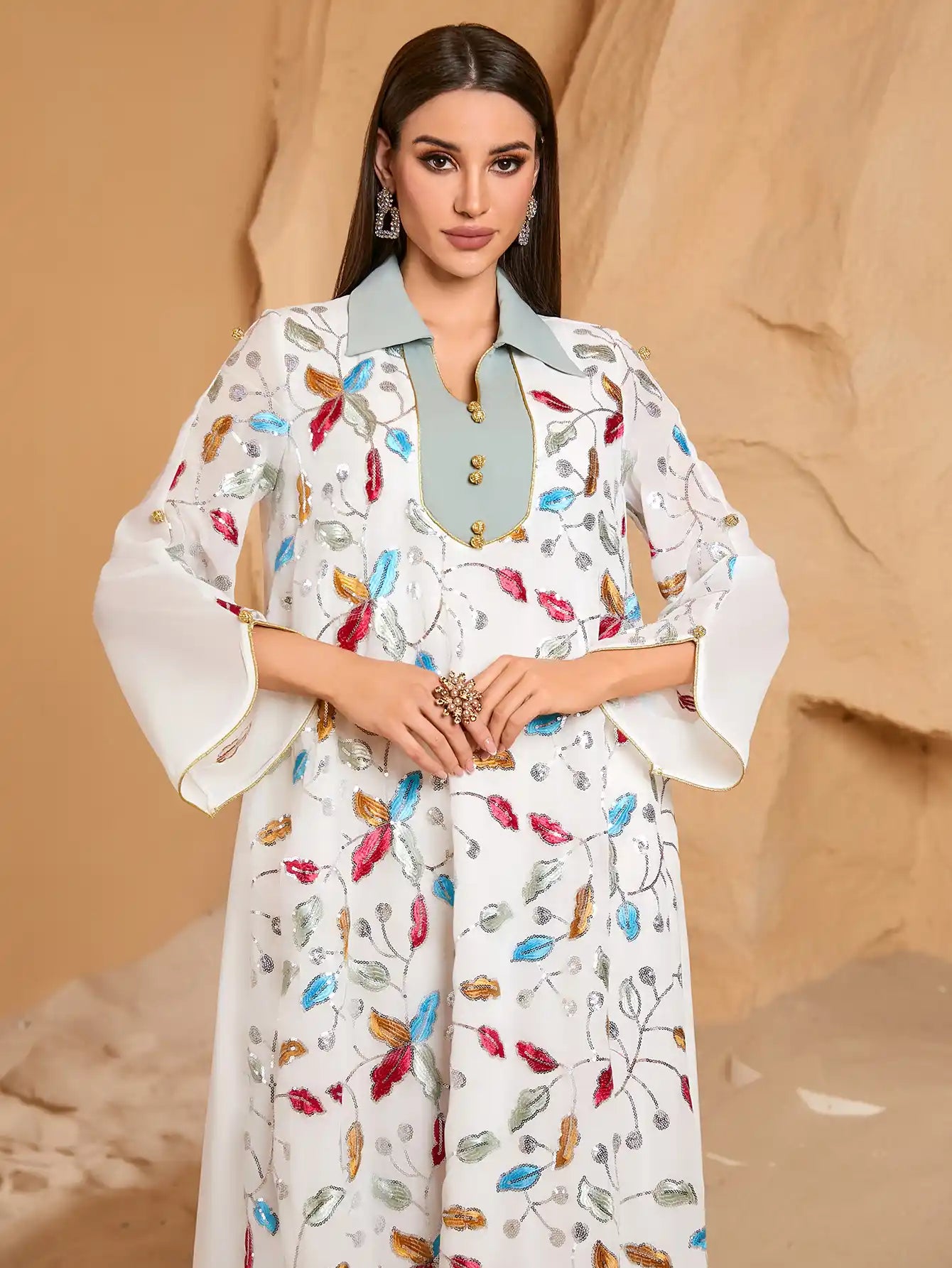 4068 Women Arabian Robe Summer Embroidered Loose Dress