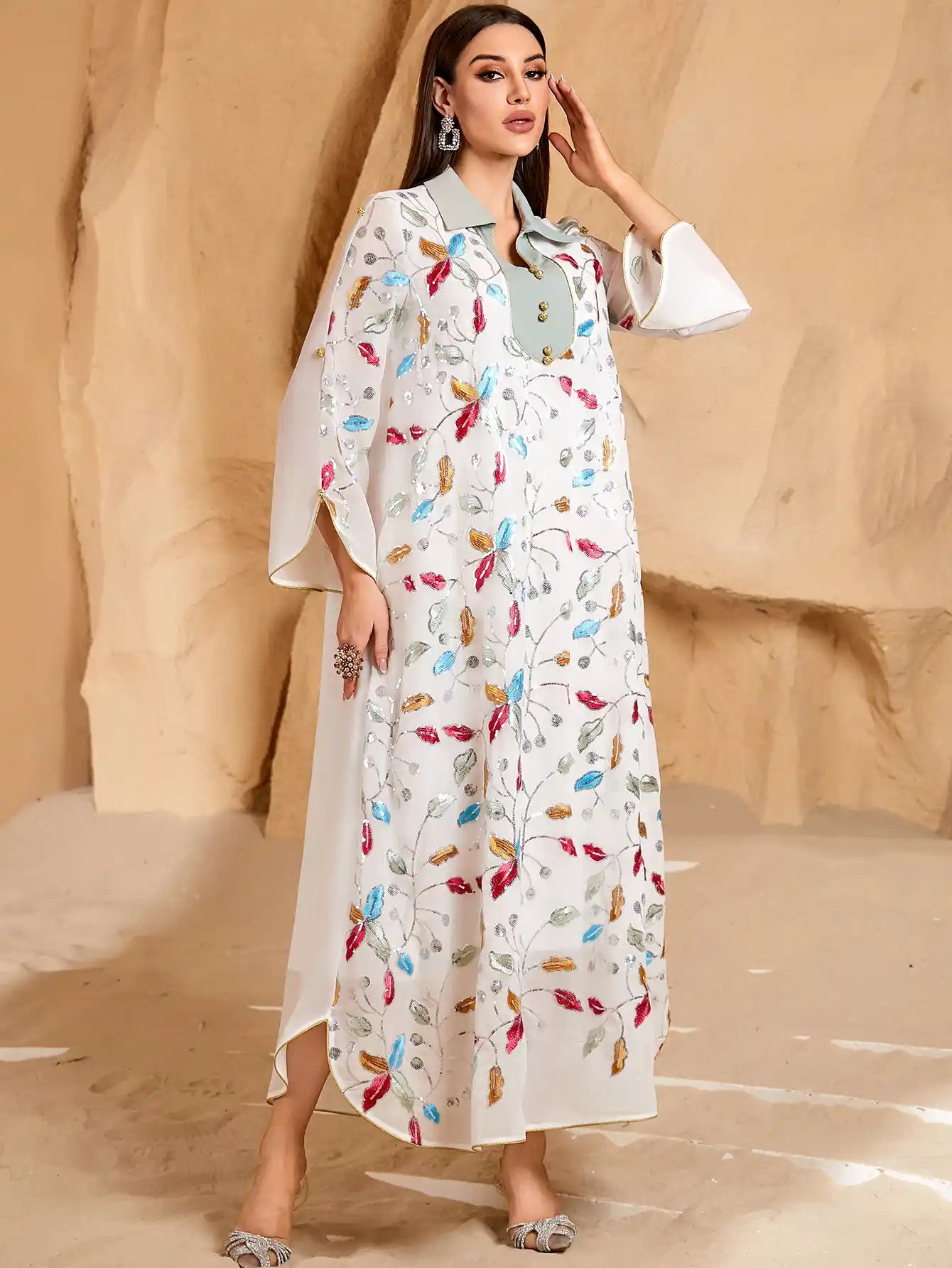 4068 Women Arabian Robe Summer Embroidered Loose Dress