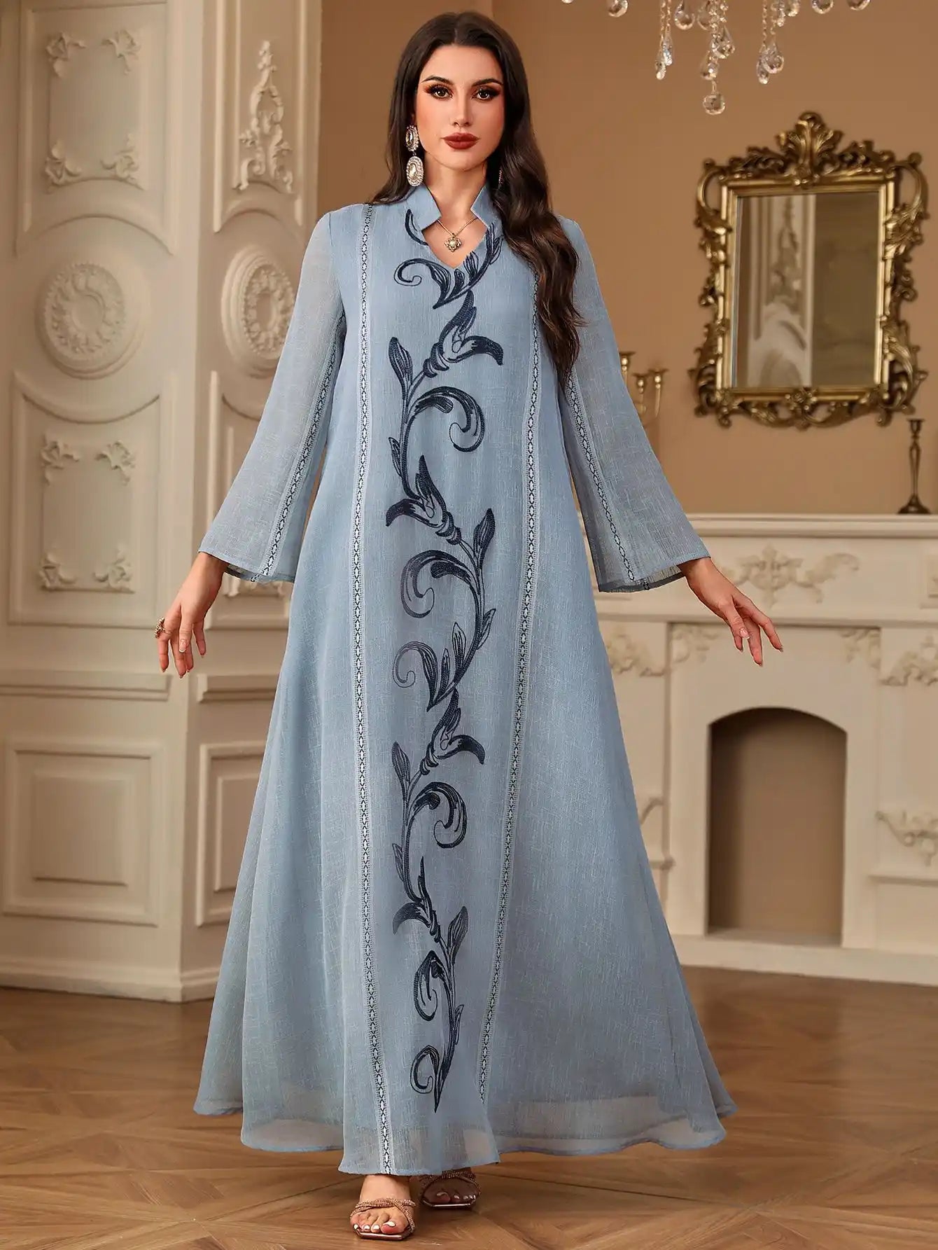 4096 Muslim Robe Embroidery Stitching Arabic Dress