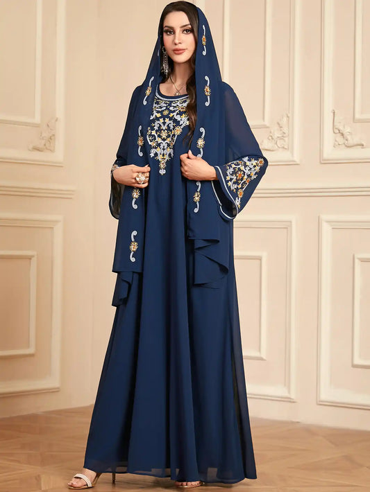 4114 Muslim Robe Embroidered Chiffon Dress With Headscarf
