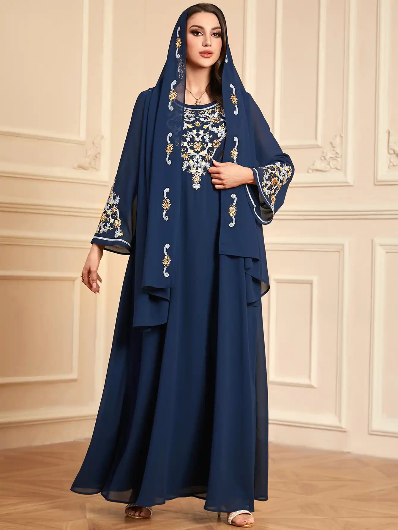4114 Muslim Robe Embroidered Chiffon Dress With Headscarf