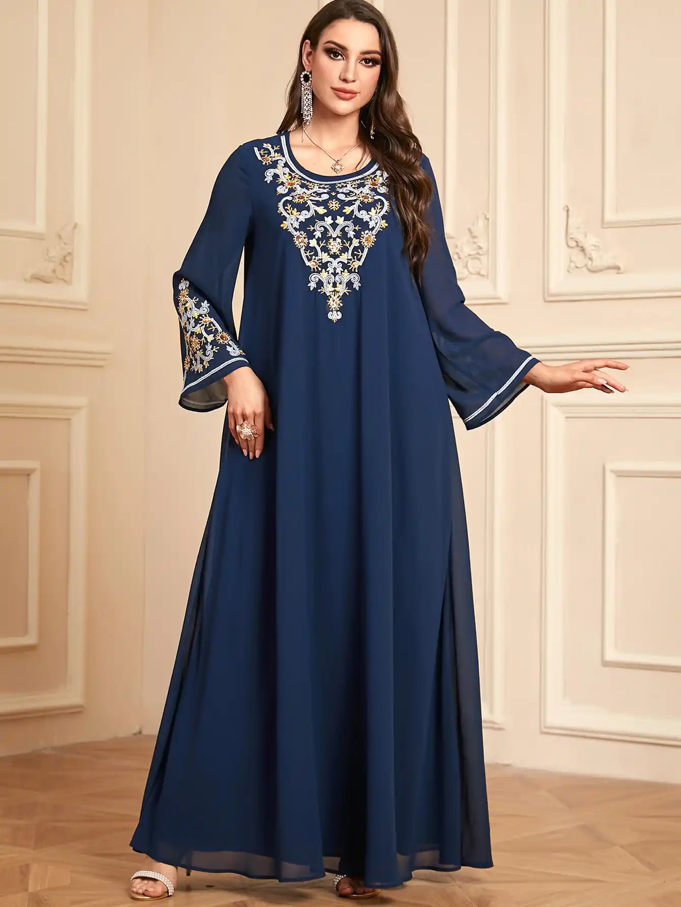 4114 Muslim Robe Embroidered Chiffon Dress With Headscarf