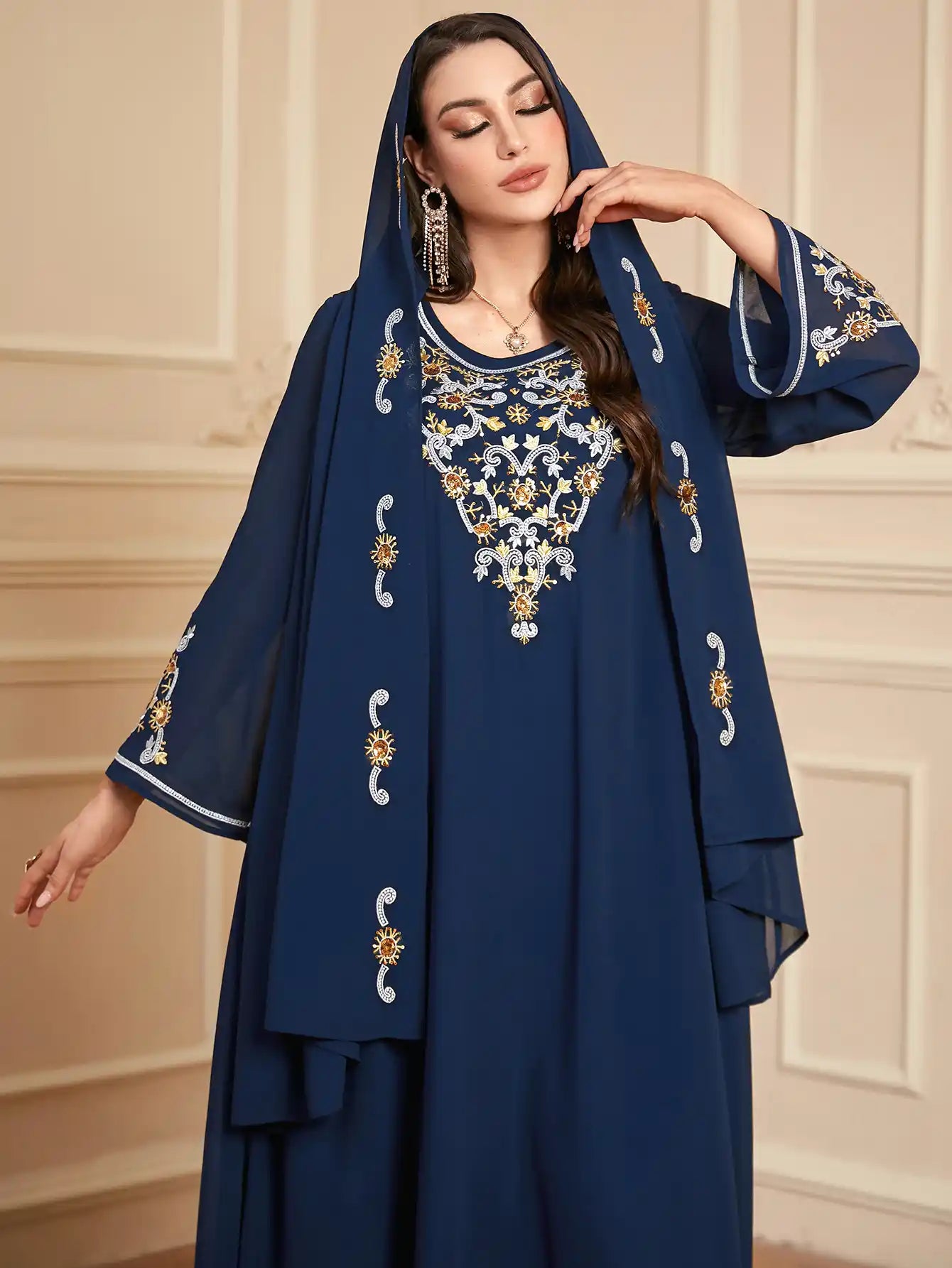 4114 Muslim Robe Embroidered Chiffon Dress With Headscarf