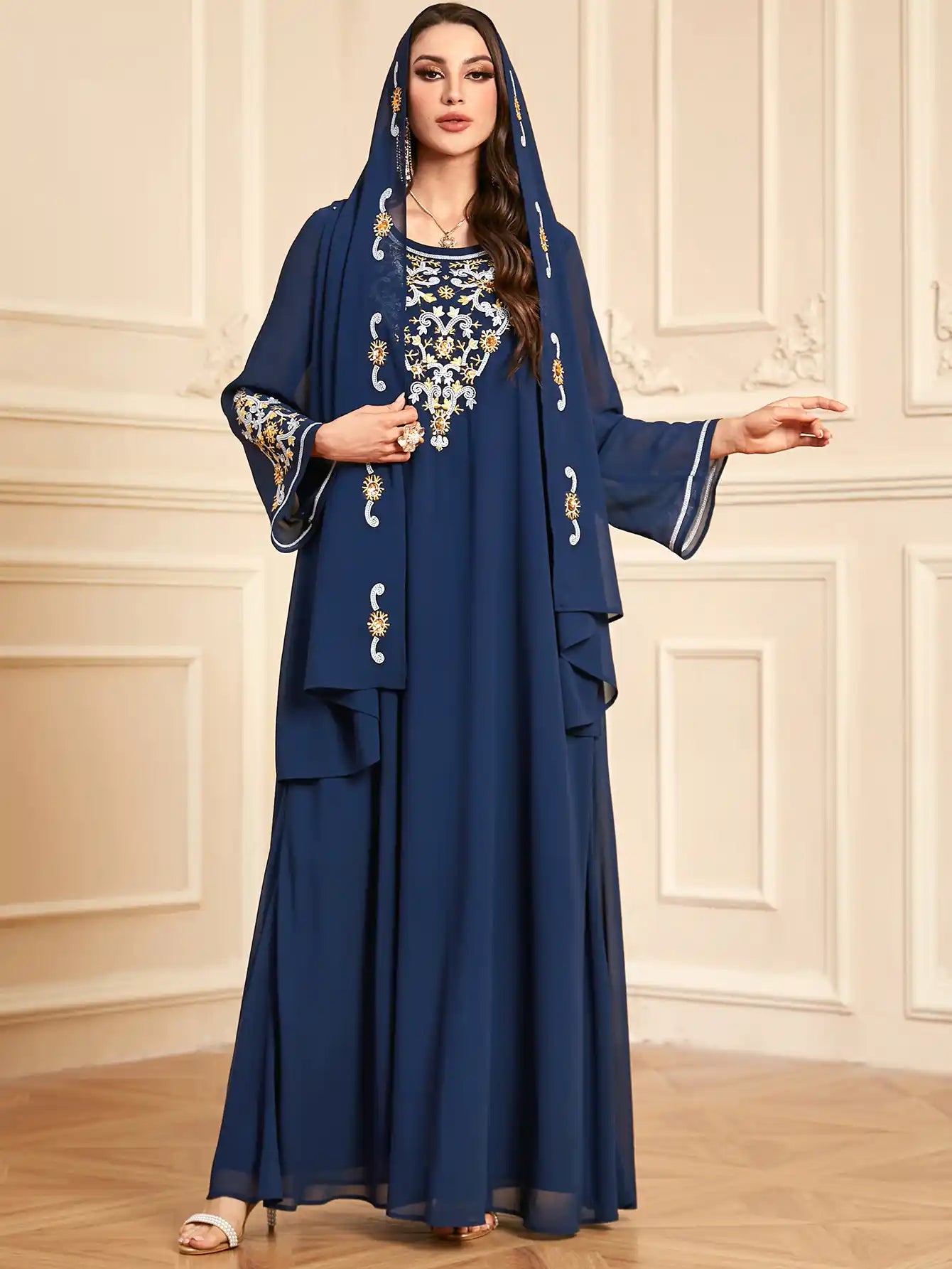 4114 Muslim Robe Embroidered Chiffon Dress With Headscarf