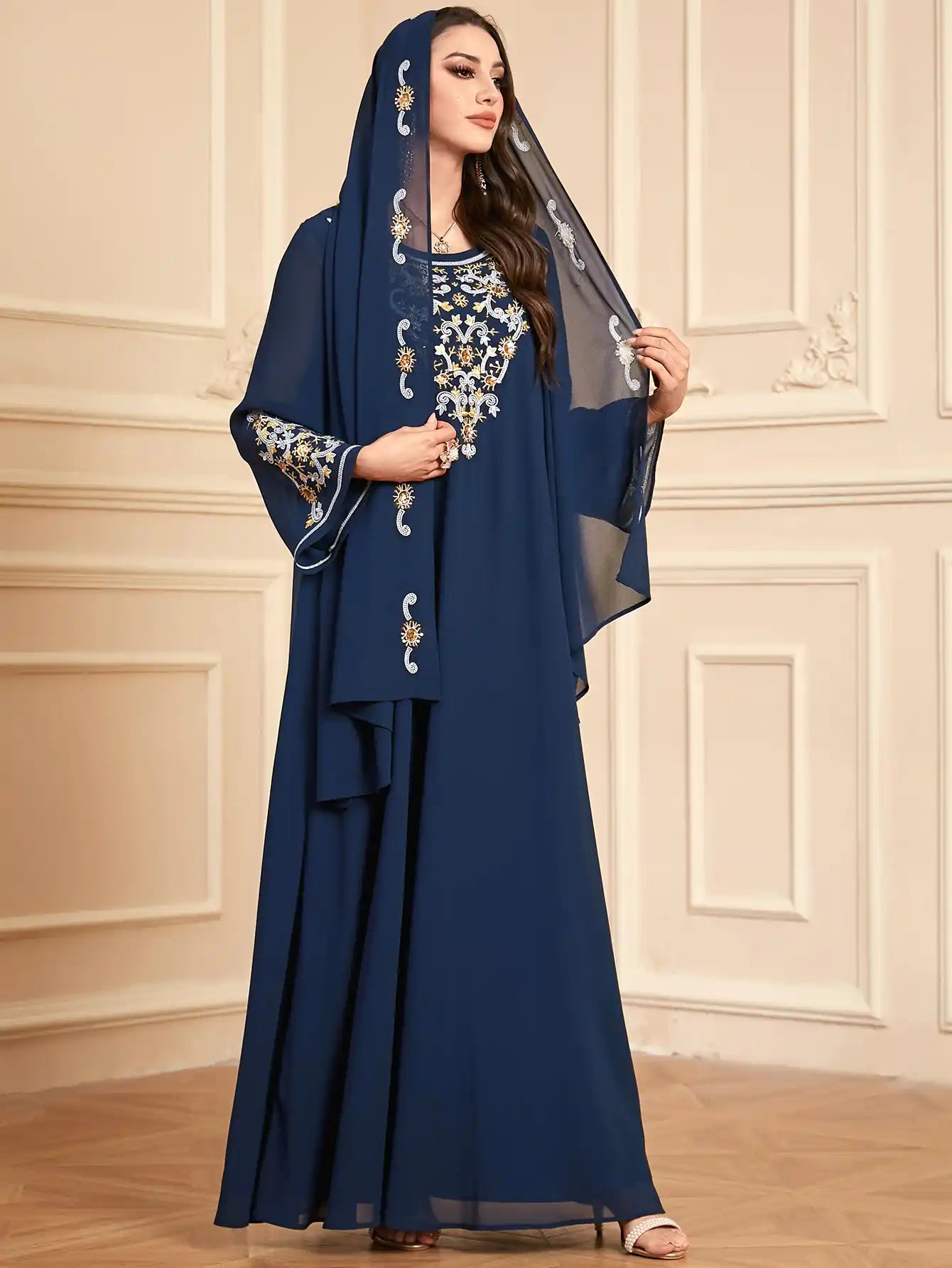 4114 Muslim Robe Embroidered Chiffon Dress With Headscarf