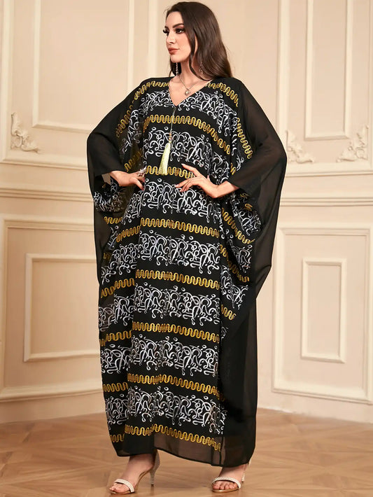 4115 Muslim Loose Robe Bat Sleeve Tassel Embroidery Chiffon Dress