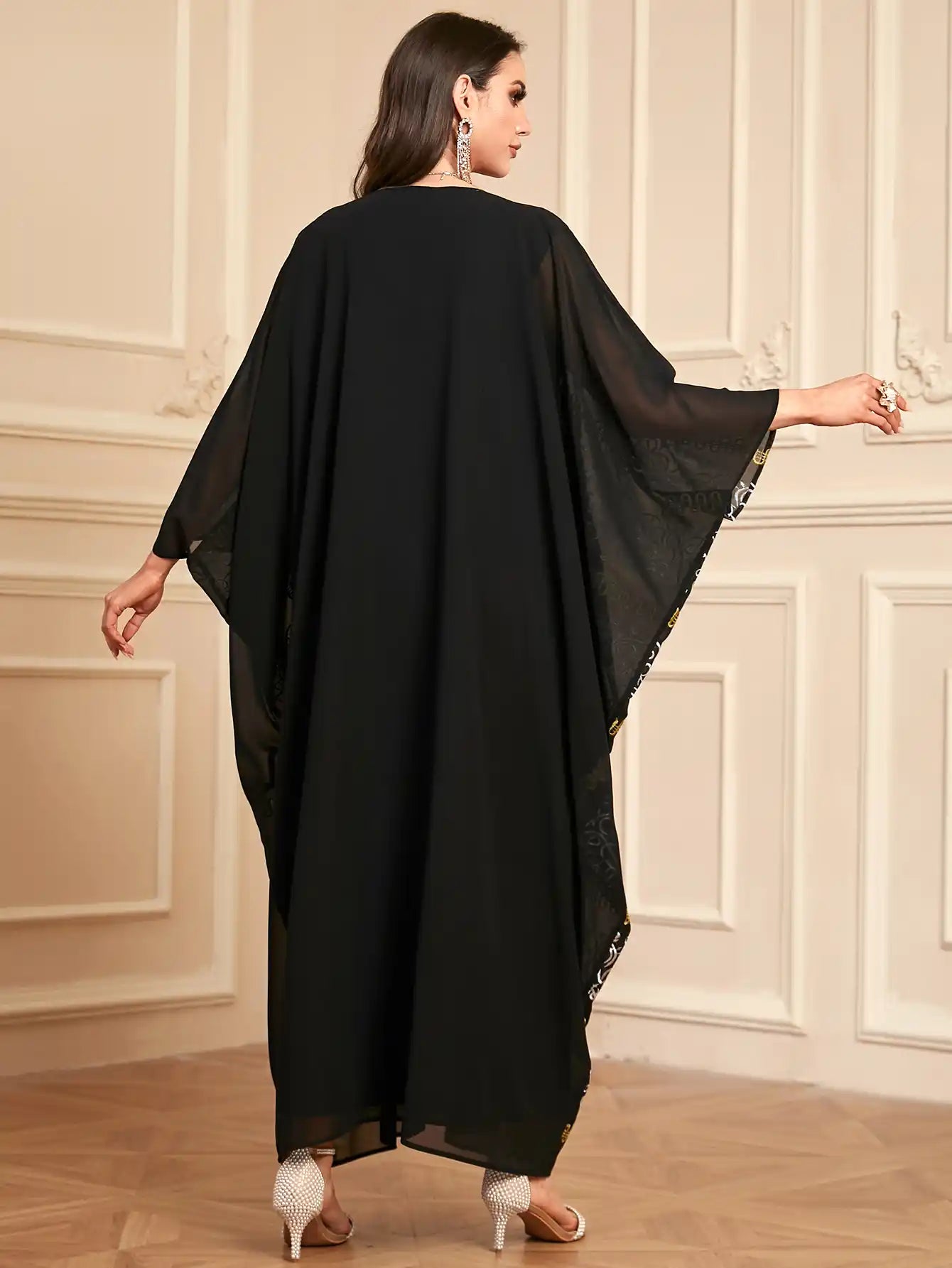 4115 Muslim Loose Robe Bat Sleeve Tassel Embroidery Chiffon Dress