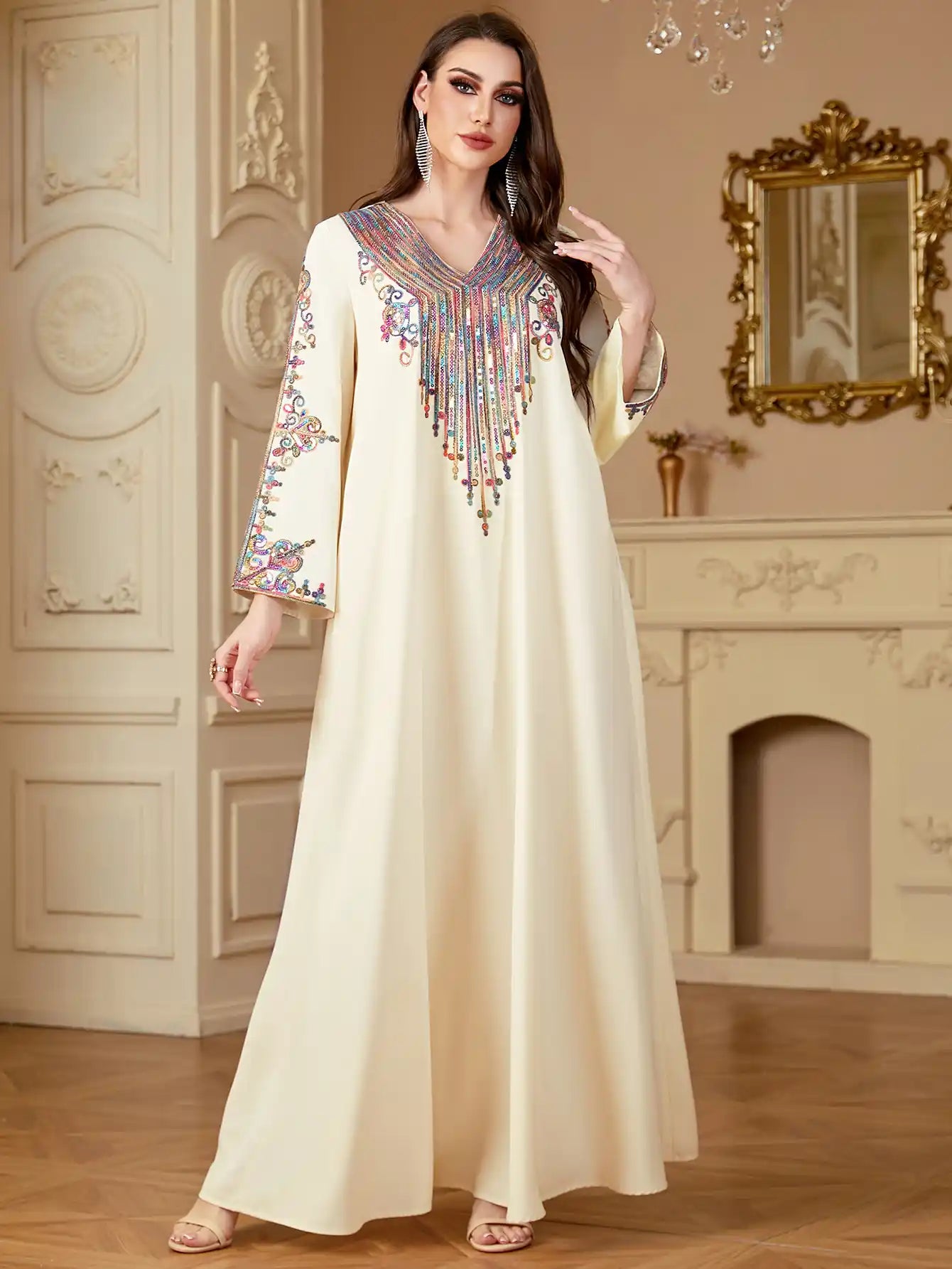 4136 Robe Embroidery Cord Embroidery Muslim V-neck Dress