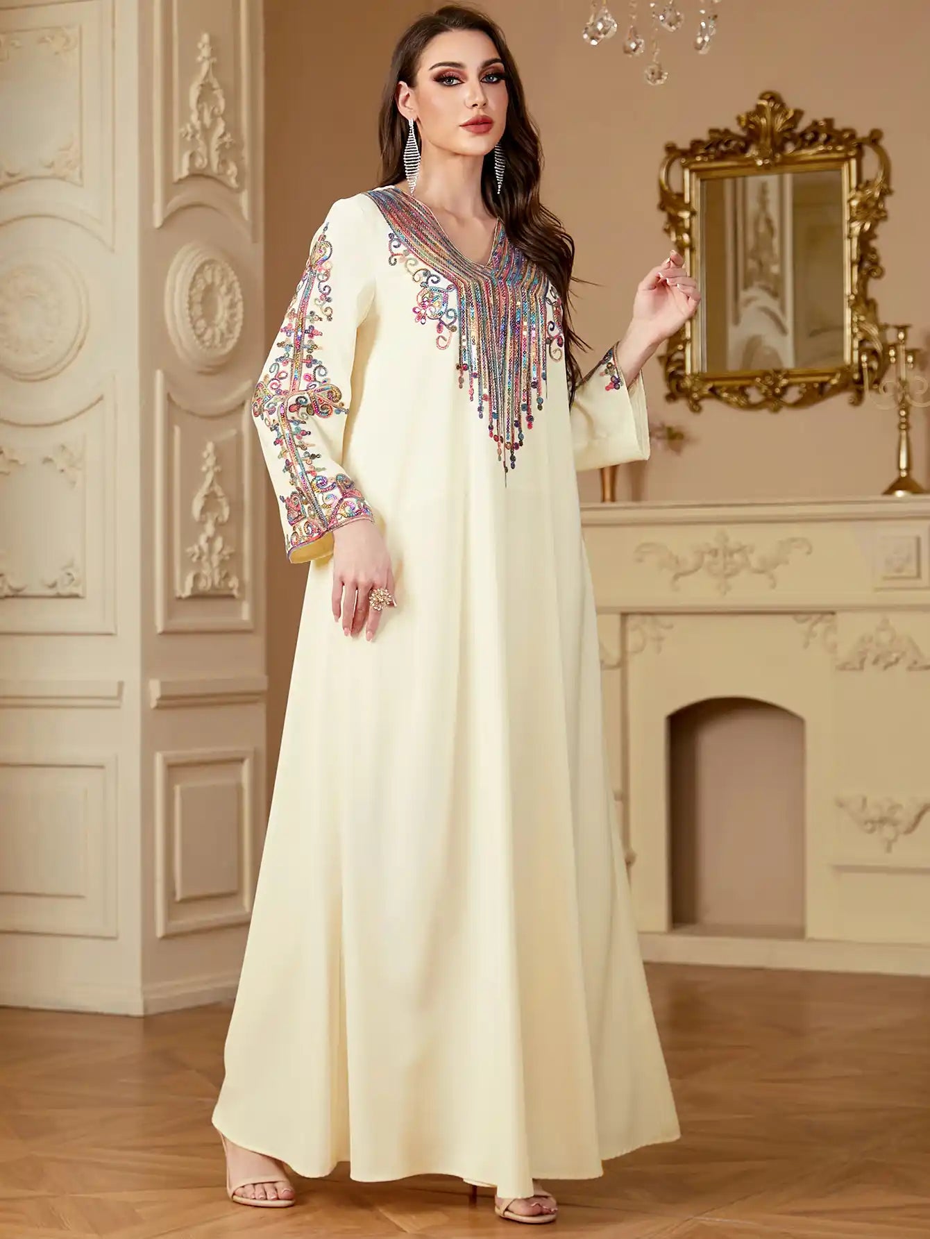 4136 Robe Embroidery Cord Embroidery Muslim V-neck Dress