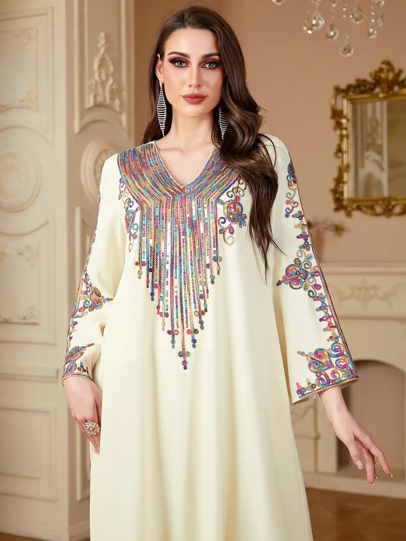 4136 Robe Embroidery Cord Embroidery Muslim V-neck Dress