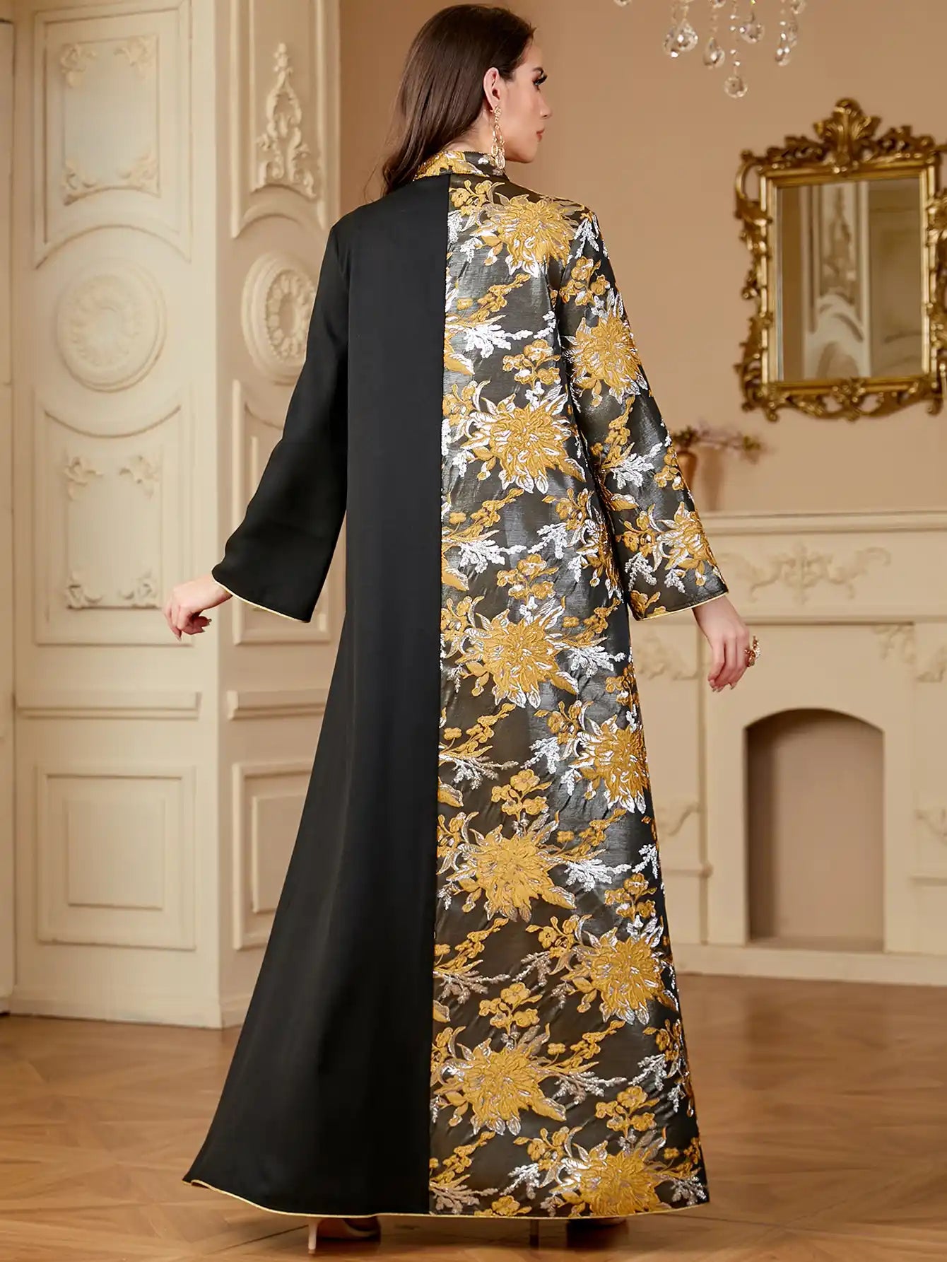 4150 Dubai Jacquard Flower Floral Robe Stitching Dress