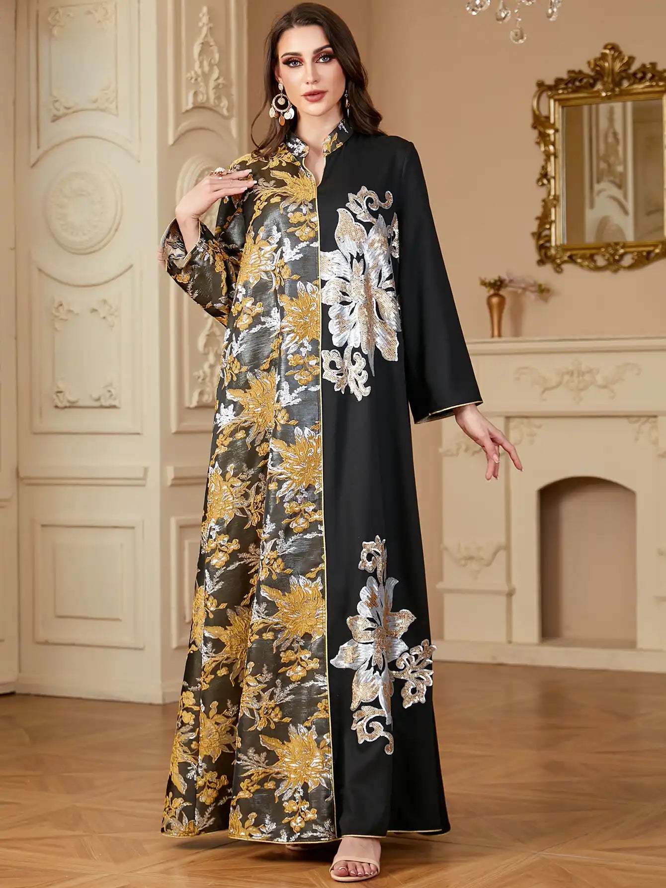 4150 Dubai Jacquard Flower Floral Robe Stitching Dress