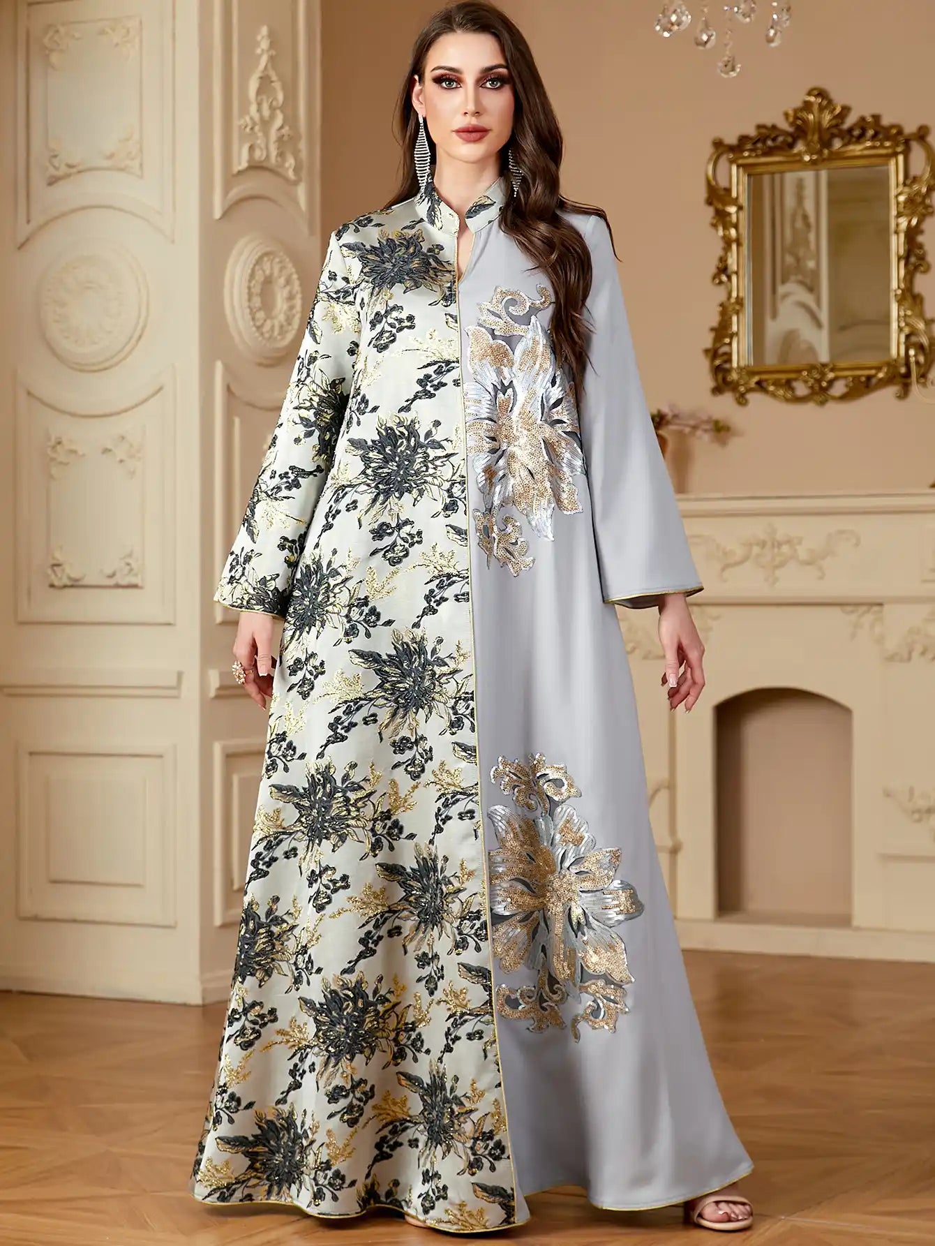 4150 Dubai Jacquard Flower Floral Robe Stitching Dress