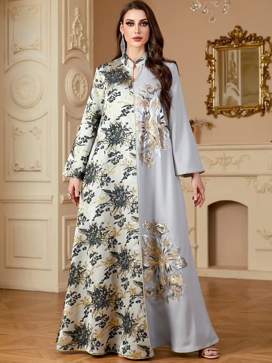 4150 Dubai Jacquard Flower Floral Robe Stitching Dress