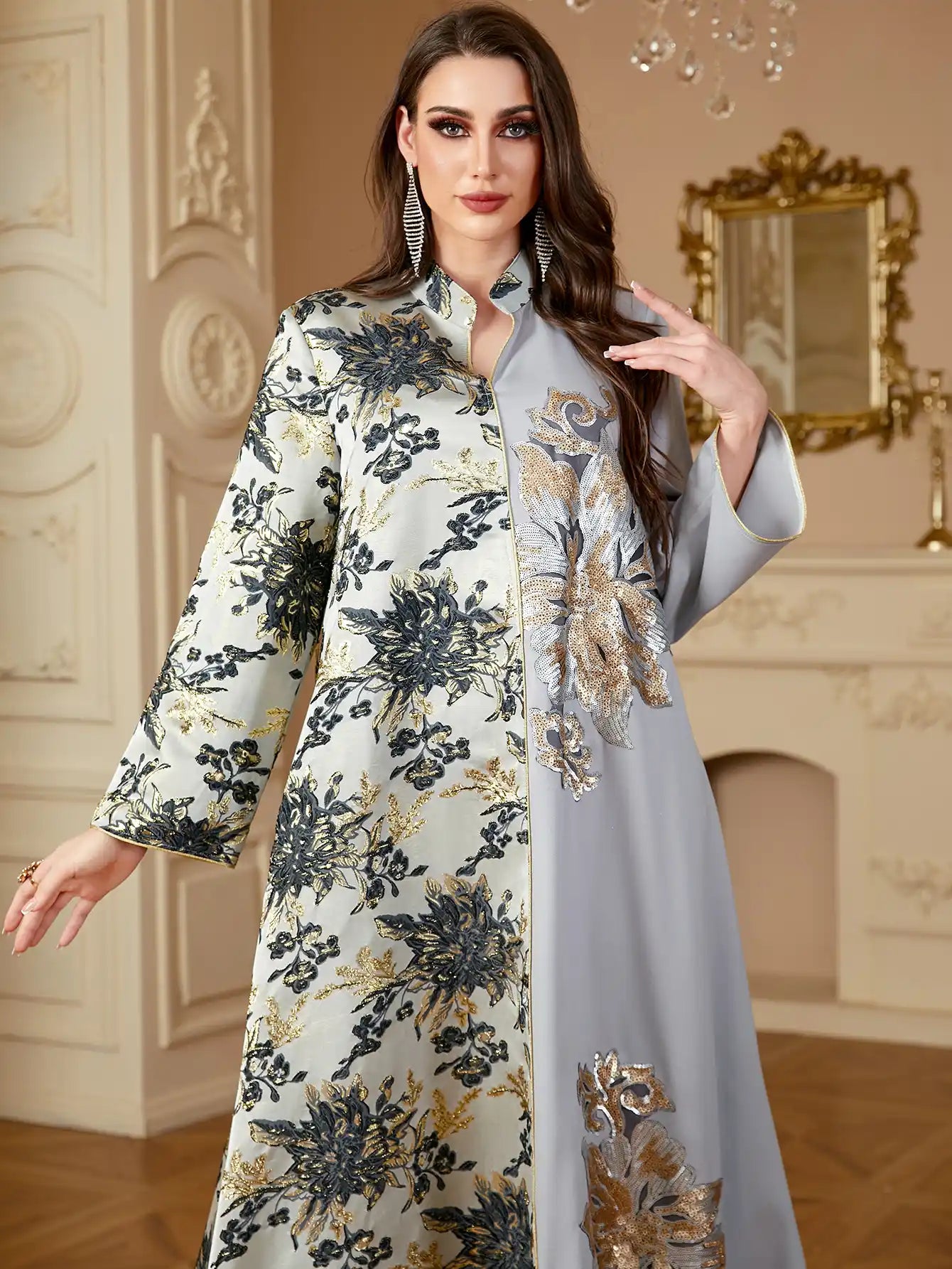 4150 Dubai Jacquard Flower Floral Robe Stitching Dress
